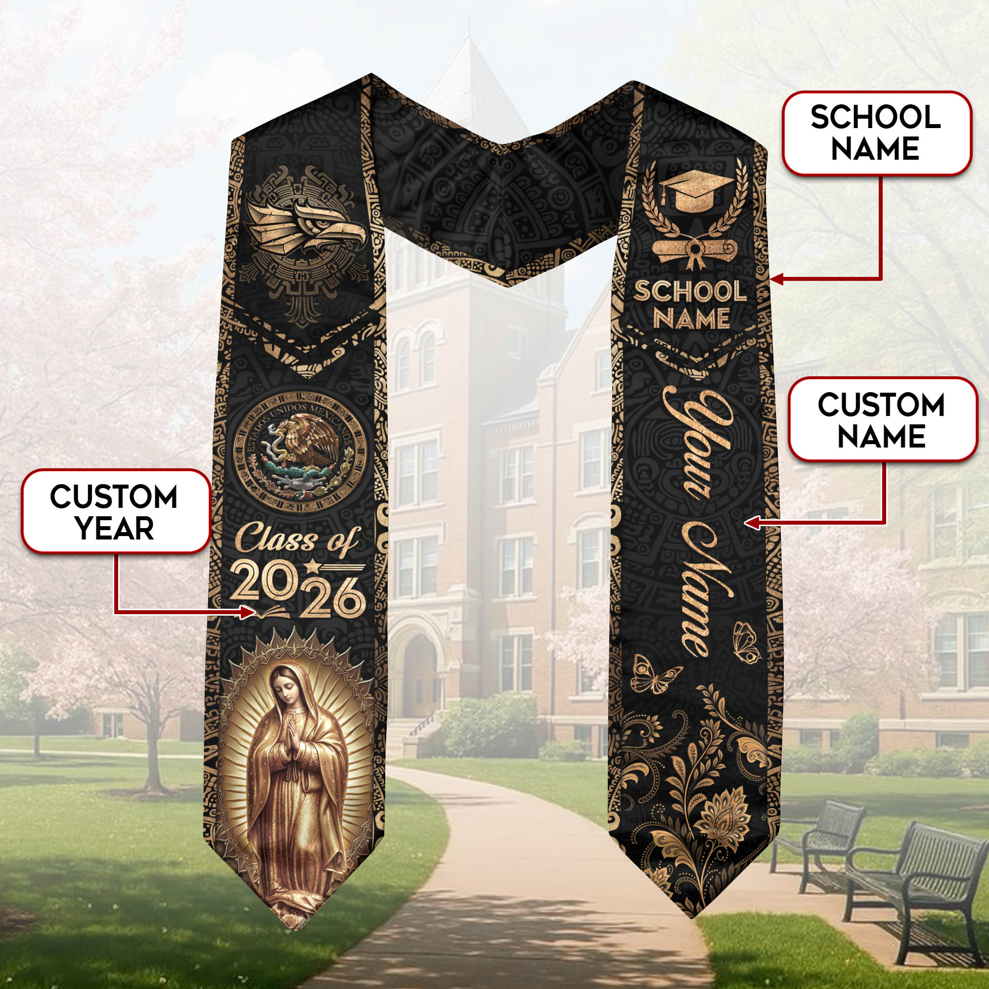 Mexico Flag Graduation Sash 2026, Mexican Stole for Grads, Personal Text Detail Available