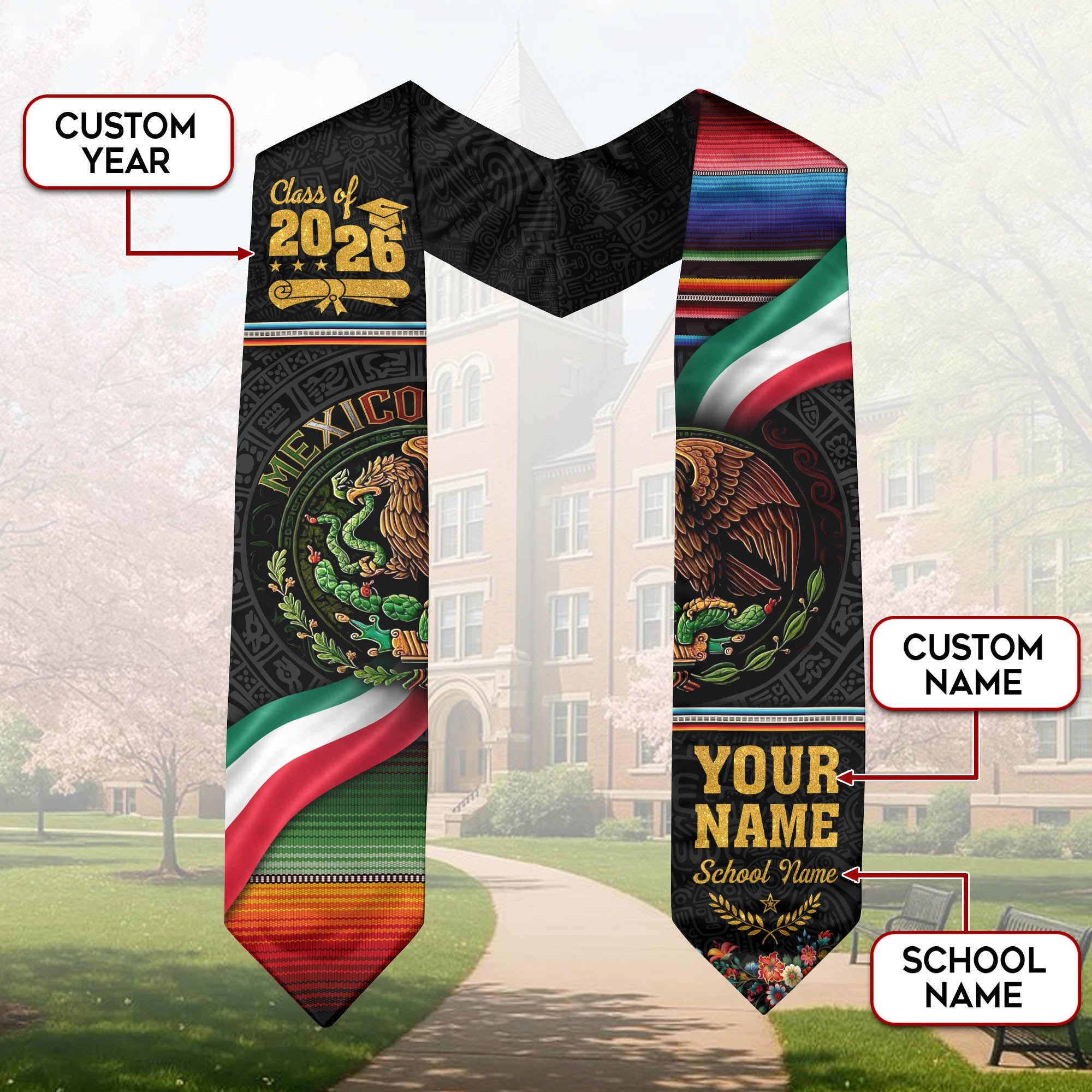 2026 Mexican Graduation Sash, Mexico Flag Stole, Choose Name & Year Detail for Graduates