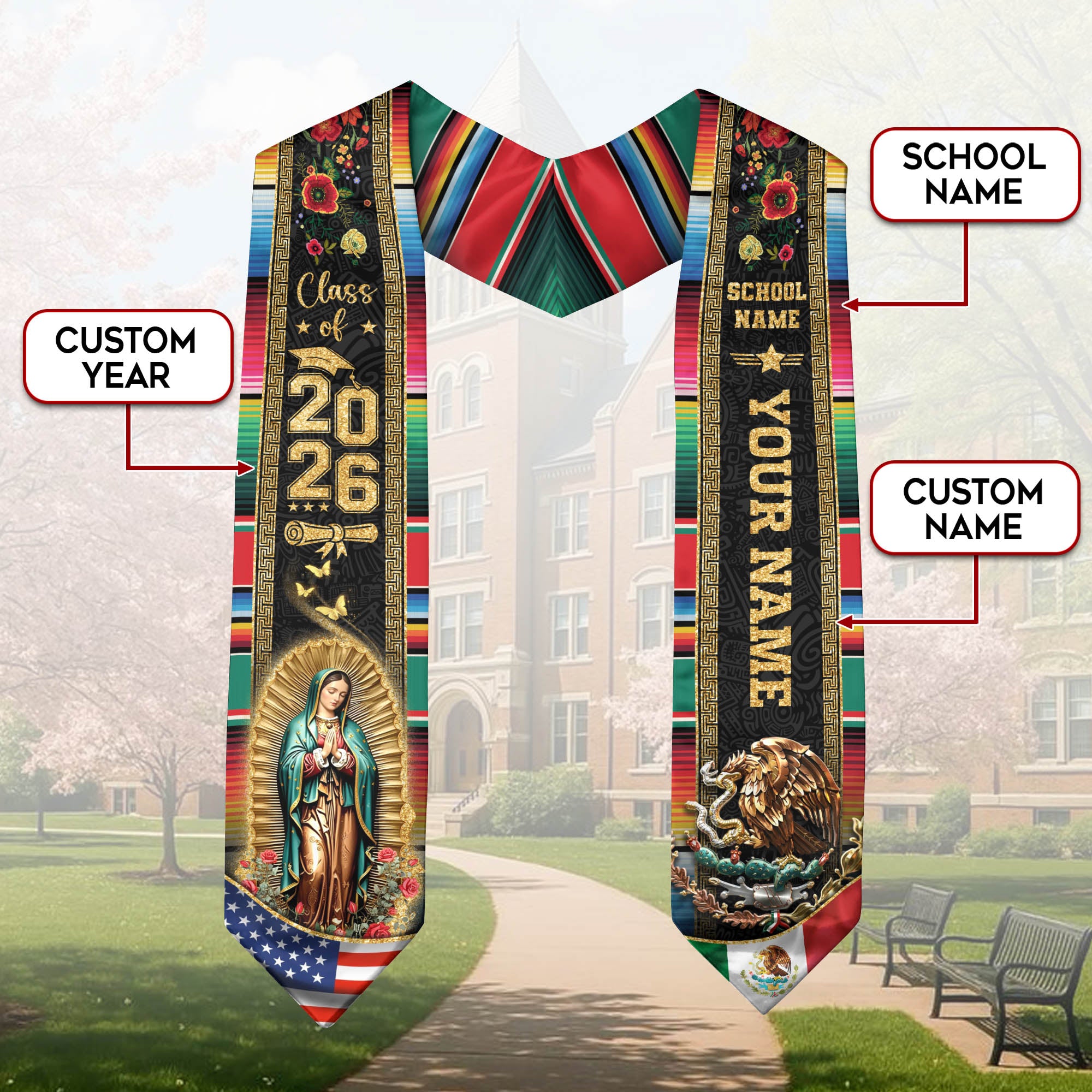 Mexican Flag Graduation Stole 2026, Mexico Sash for Graduation, Personalization Option