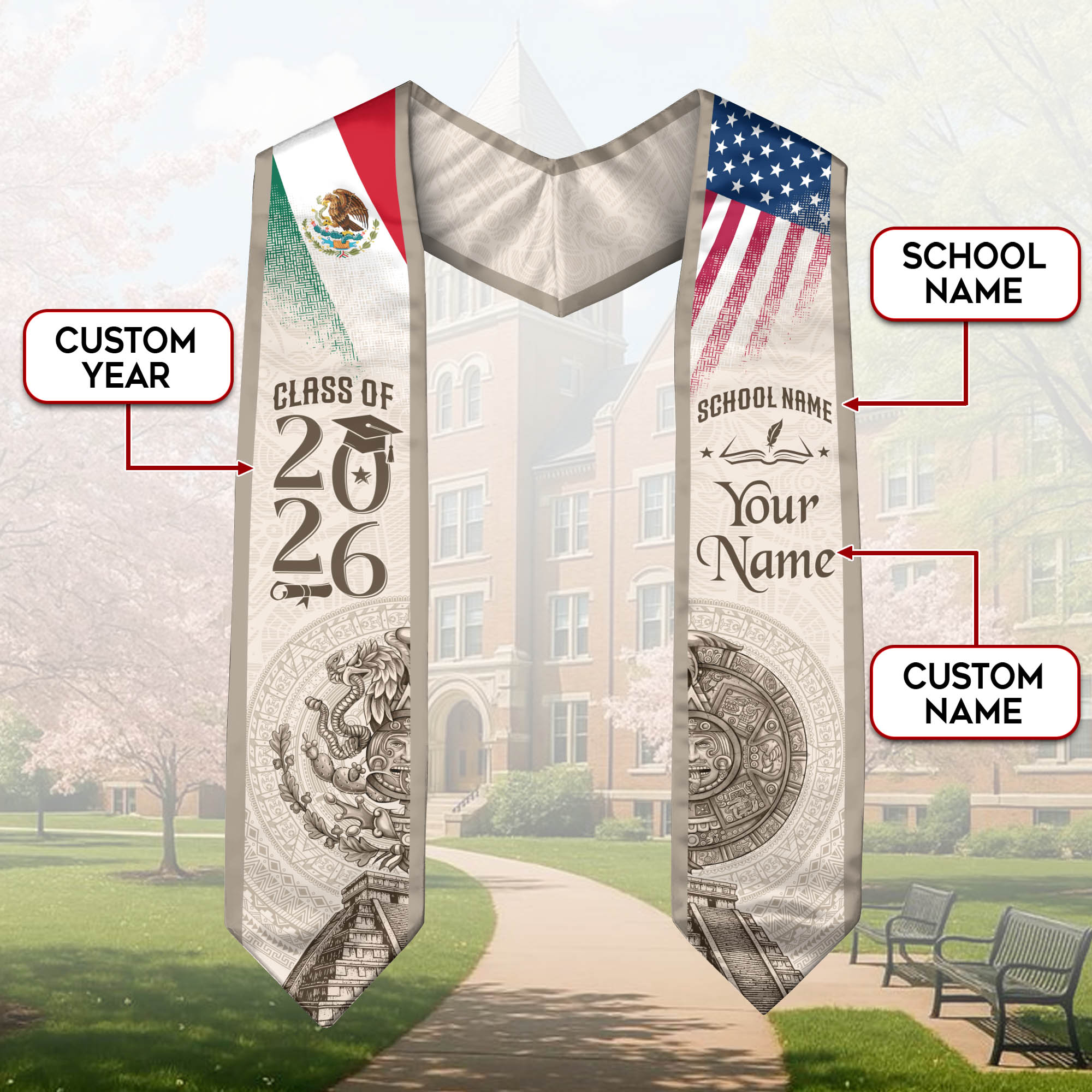 2026 Mexico Flag Sash for Graduation, Mexican Stole for Graduates, Add Name Detail