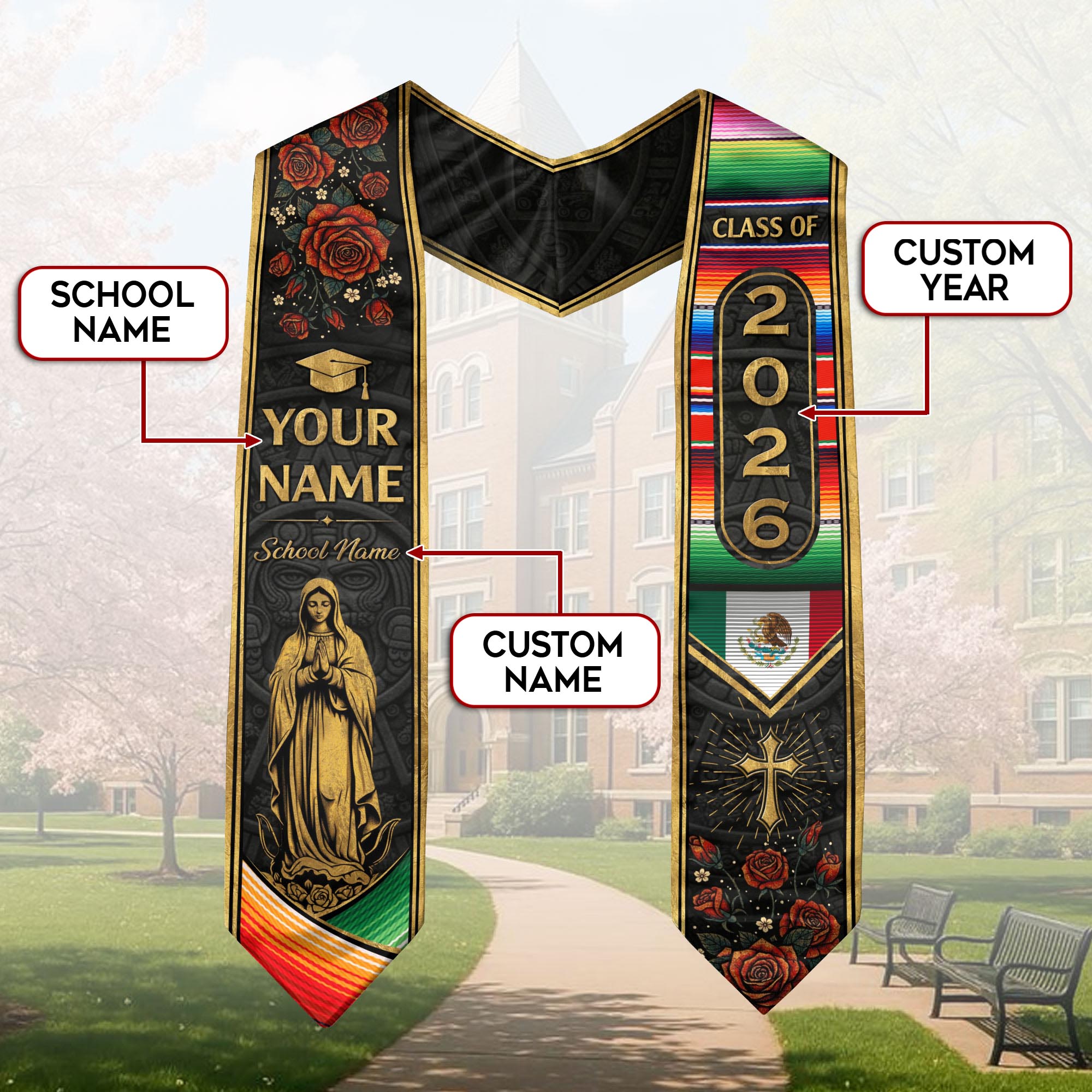Mexico Graduation Sash 2026, Mexican Flag Stole for Graduates, Personalized Stitch Option
