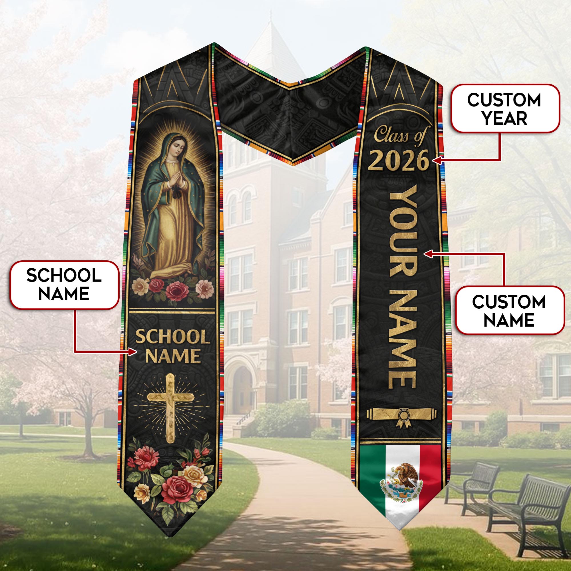 2026 Mexican Flag Stole for Graduation, Mexico Sash, Optional Name & Class Year Detail