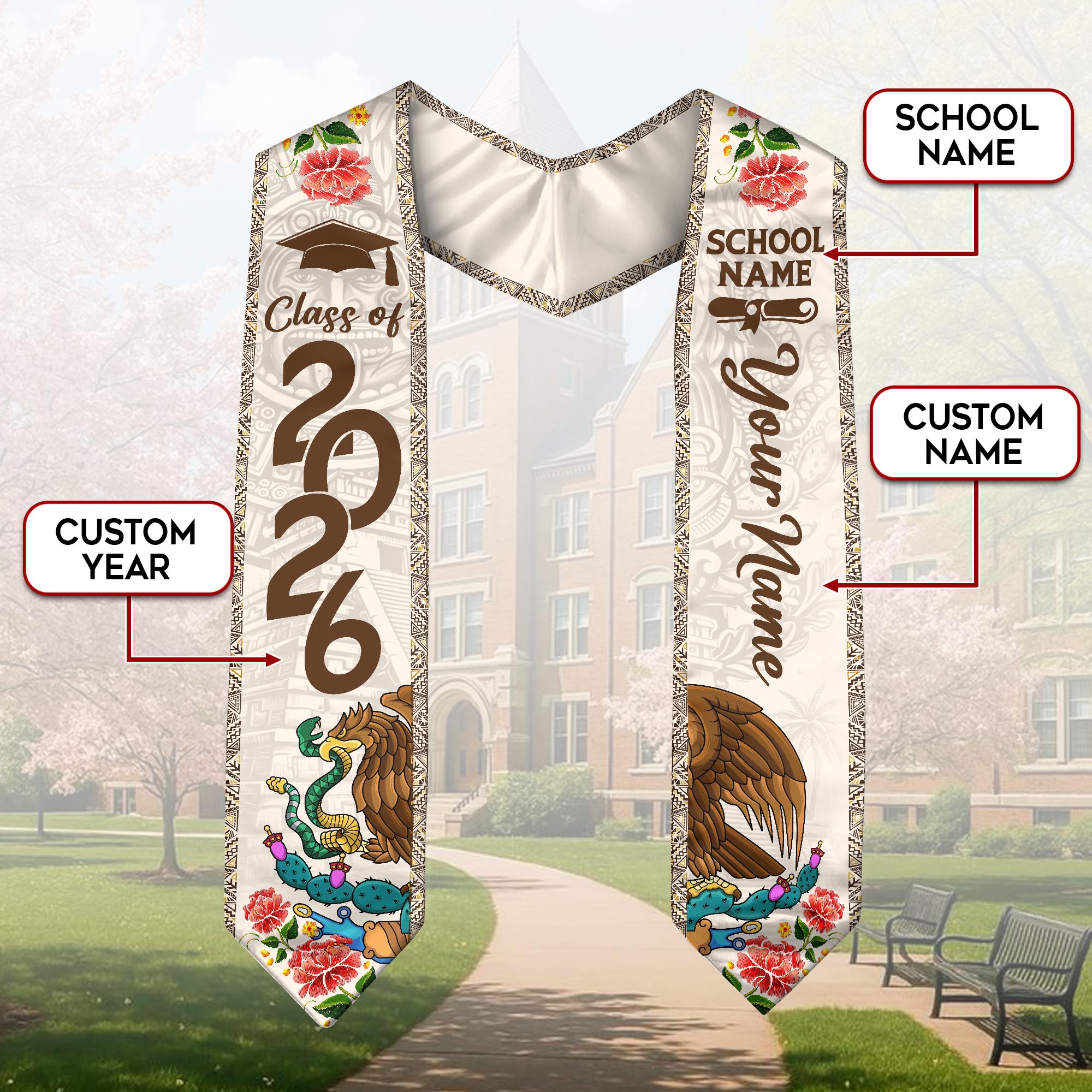Customized Mexico Graduation Stole 2026, Mexican Flag Graduation Sash, Academic Style for Class of 2026