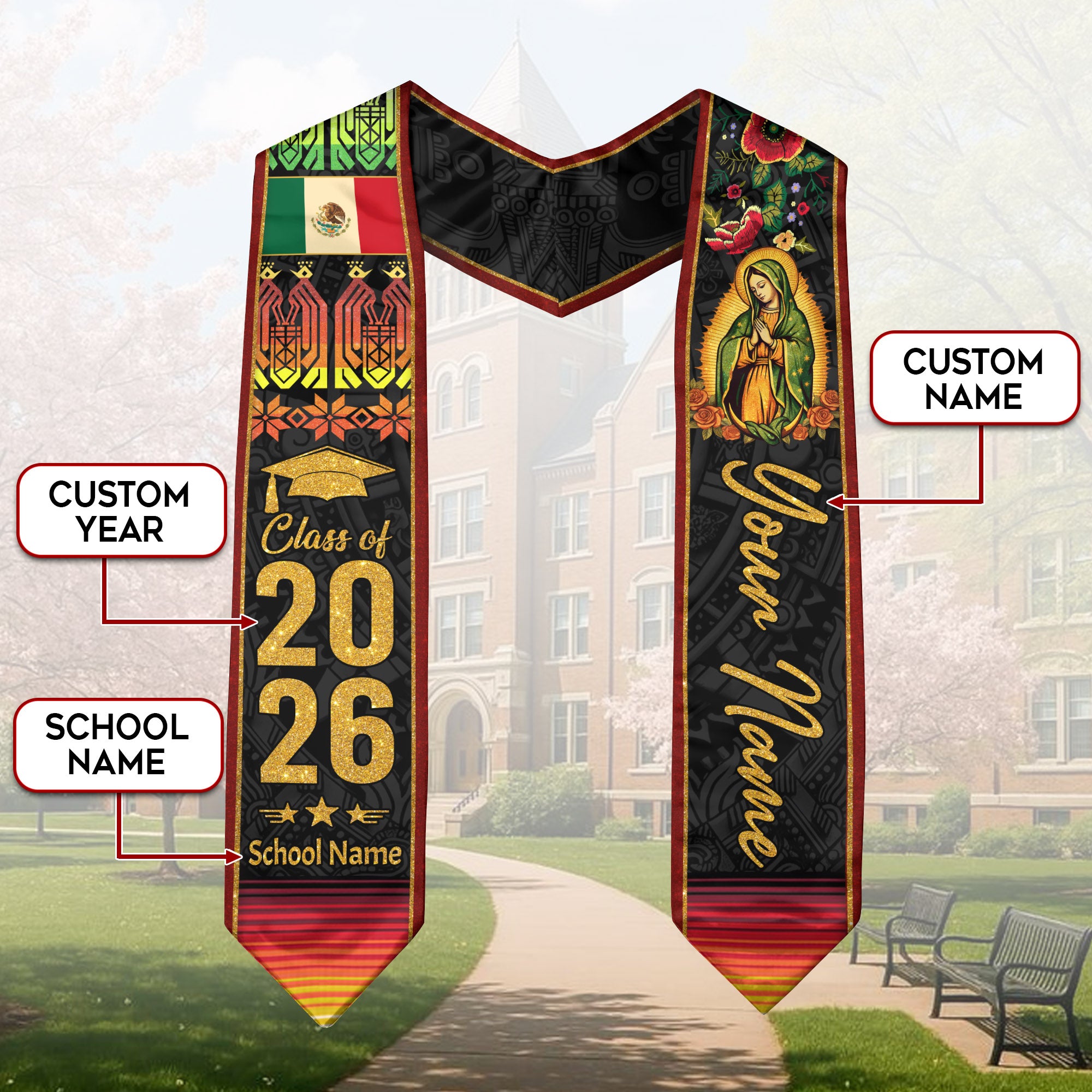 Customized Graduation Stole Mexico 2026, Mexican Flag Sash, Formal Academic Accessory for Graduates
