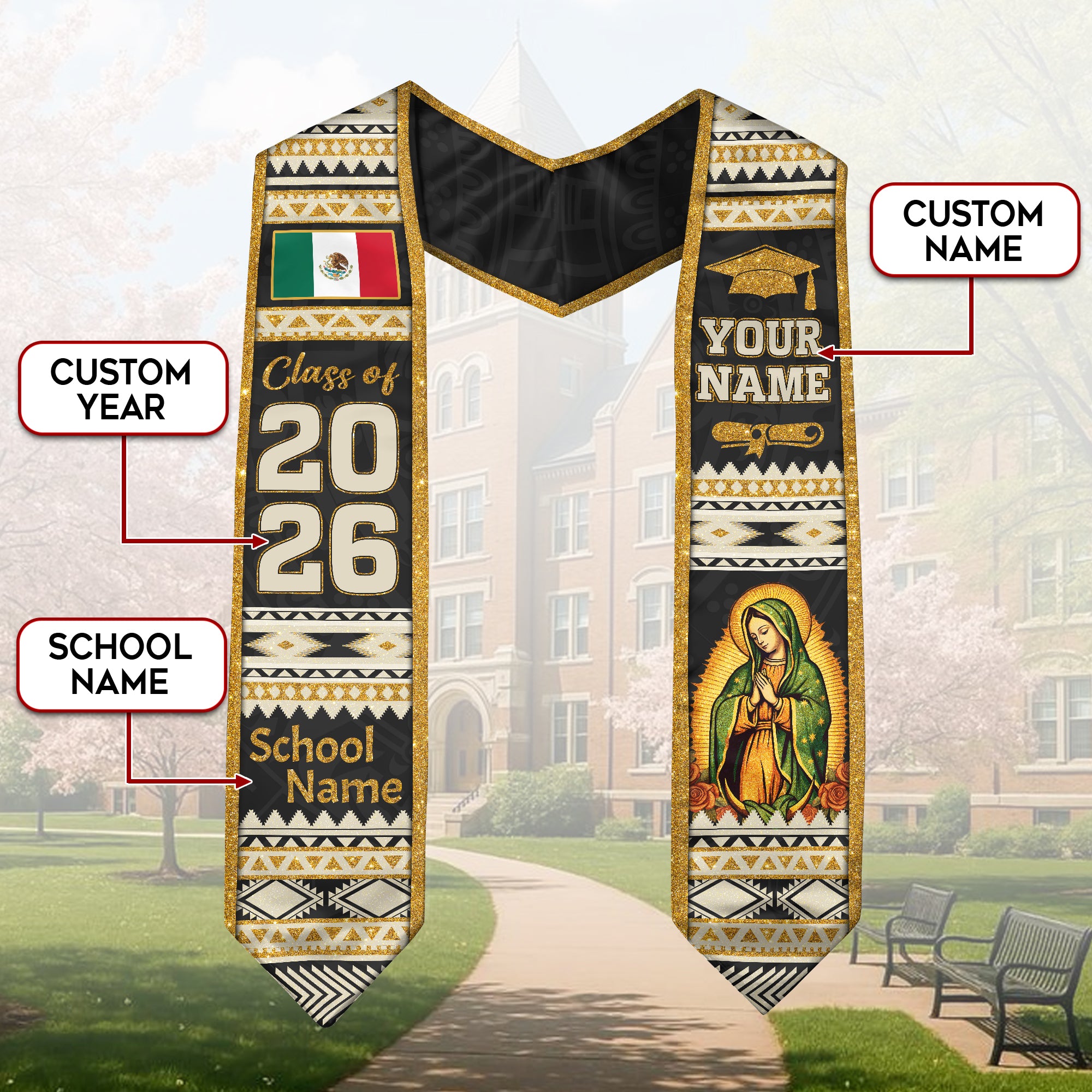 Customized Mexico Flag Graduation Stole 2026, Graduation Sash for Mexican Heritage Class of 2026