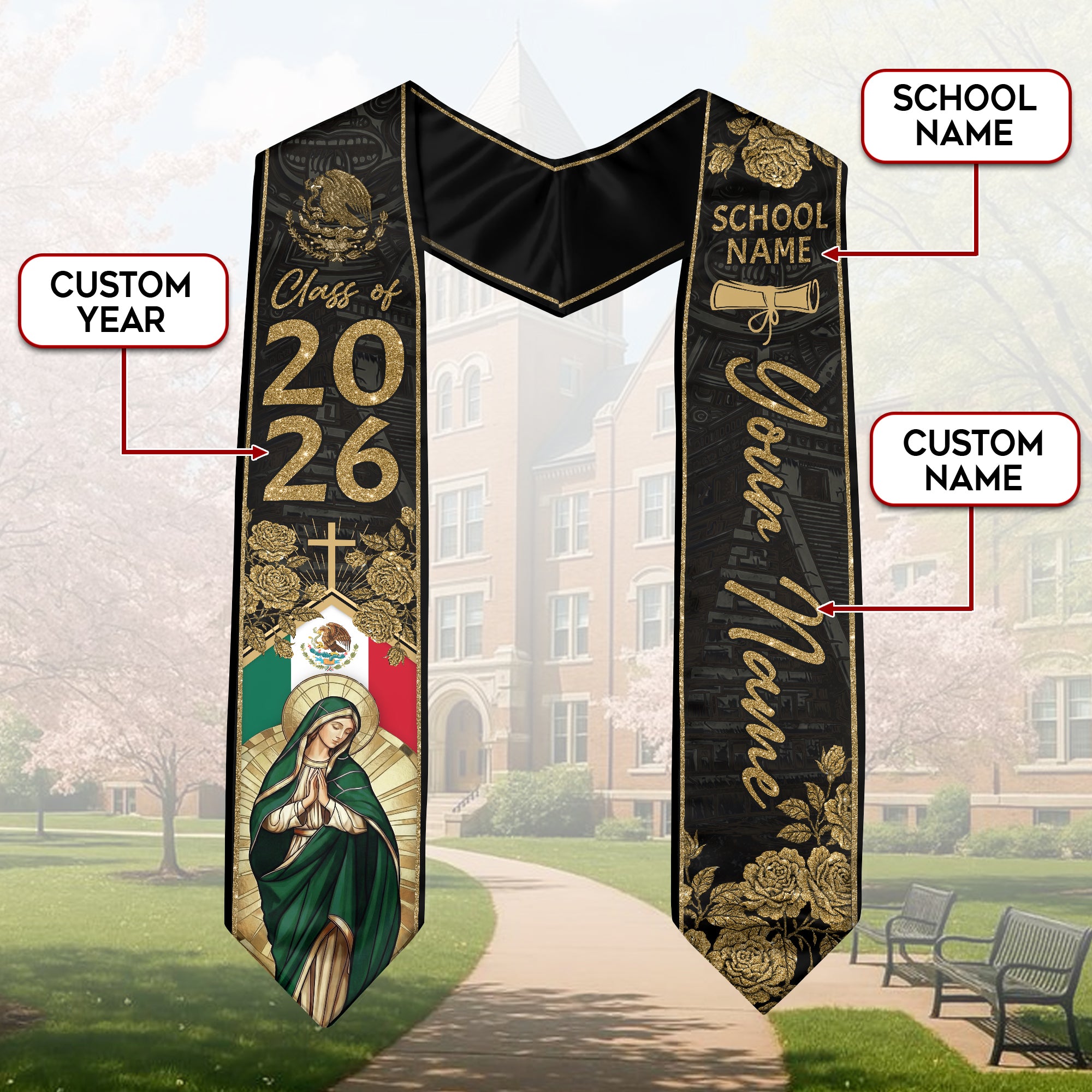 Customized Mexico Graduation Stole 2026, Mexican Flag Sash, Commencement Accessory Class of 2026