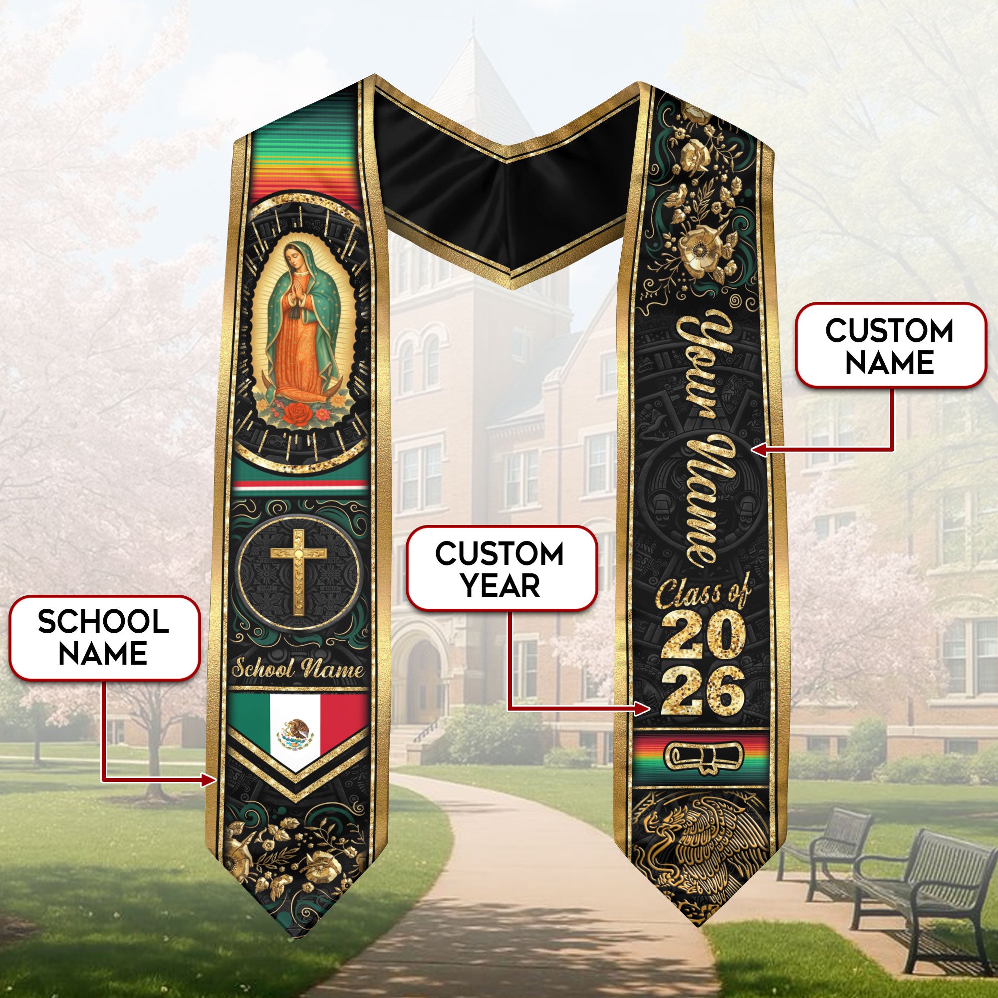 Customized Mexico Graduation Stole with National Flag Detail, Graduation Sash 2026, Class of 2026