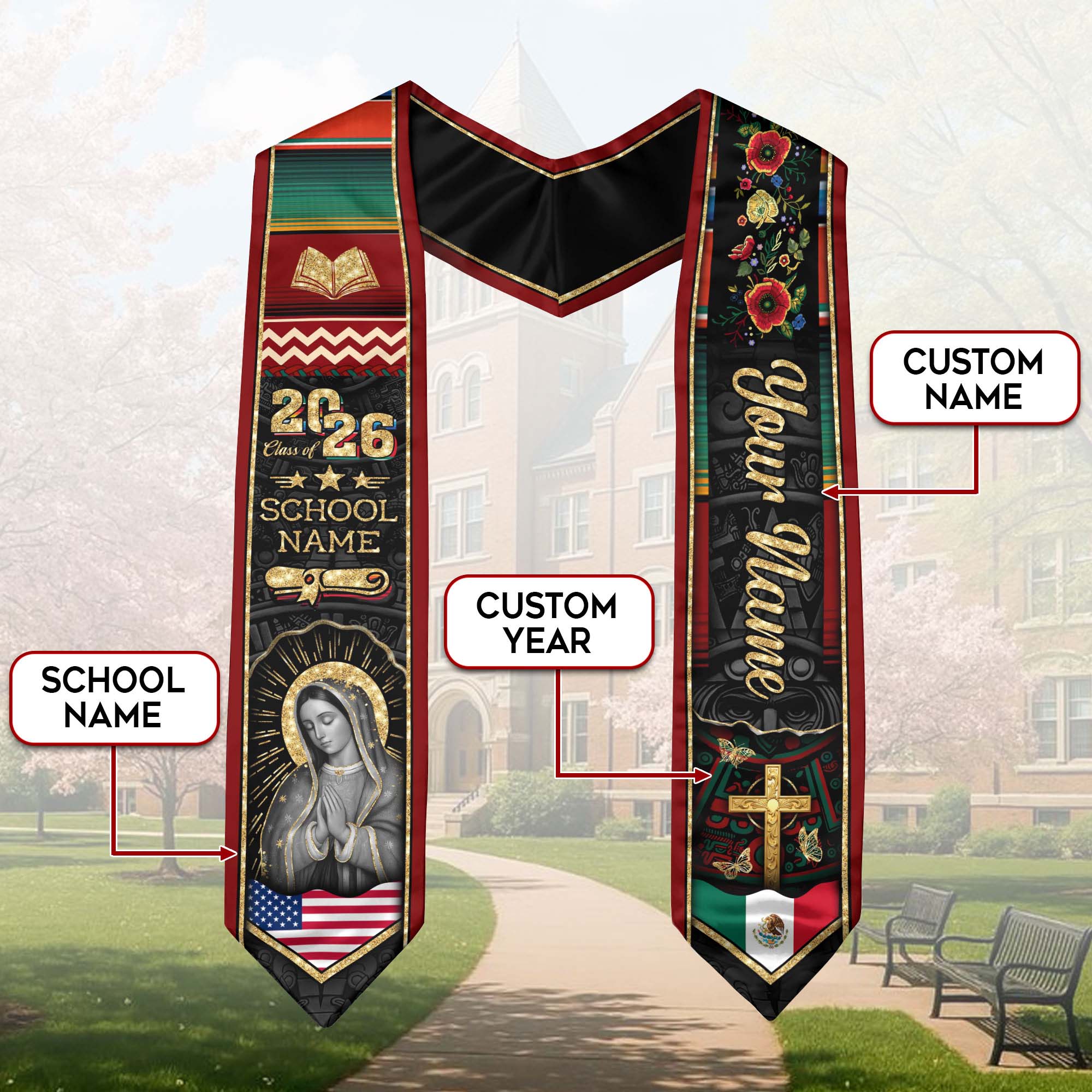 Customized Mexican Graduation Stole Featuring Flag Colors, Graduation Sash for Class of 2026