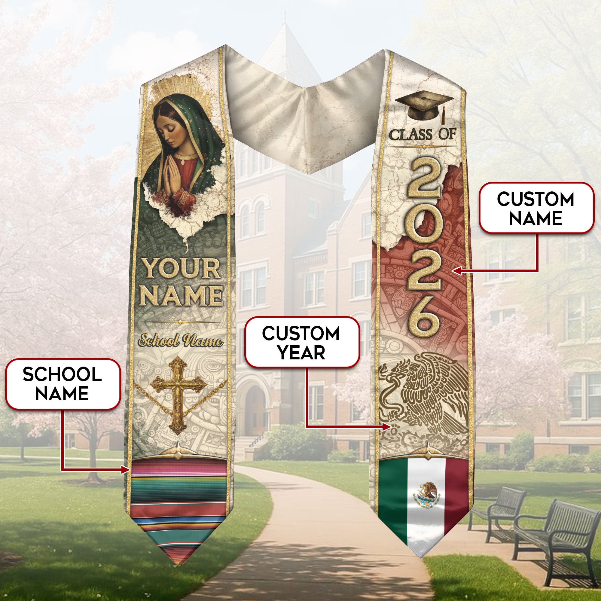 Customized Graduation Stole for Mexico Celebrations, Mexican Flag Sash 2026, Class of 2026
