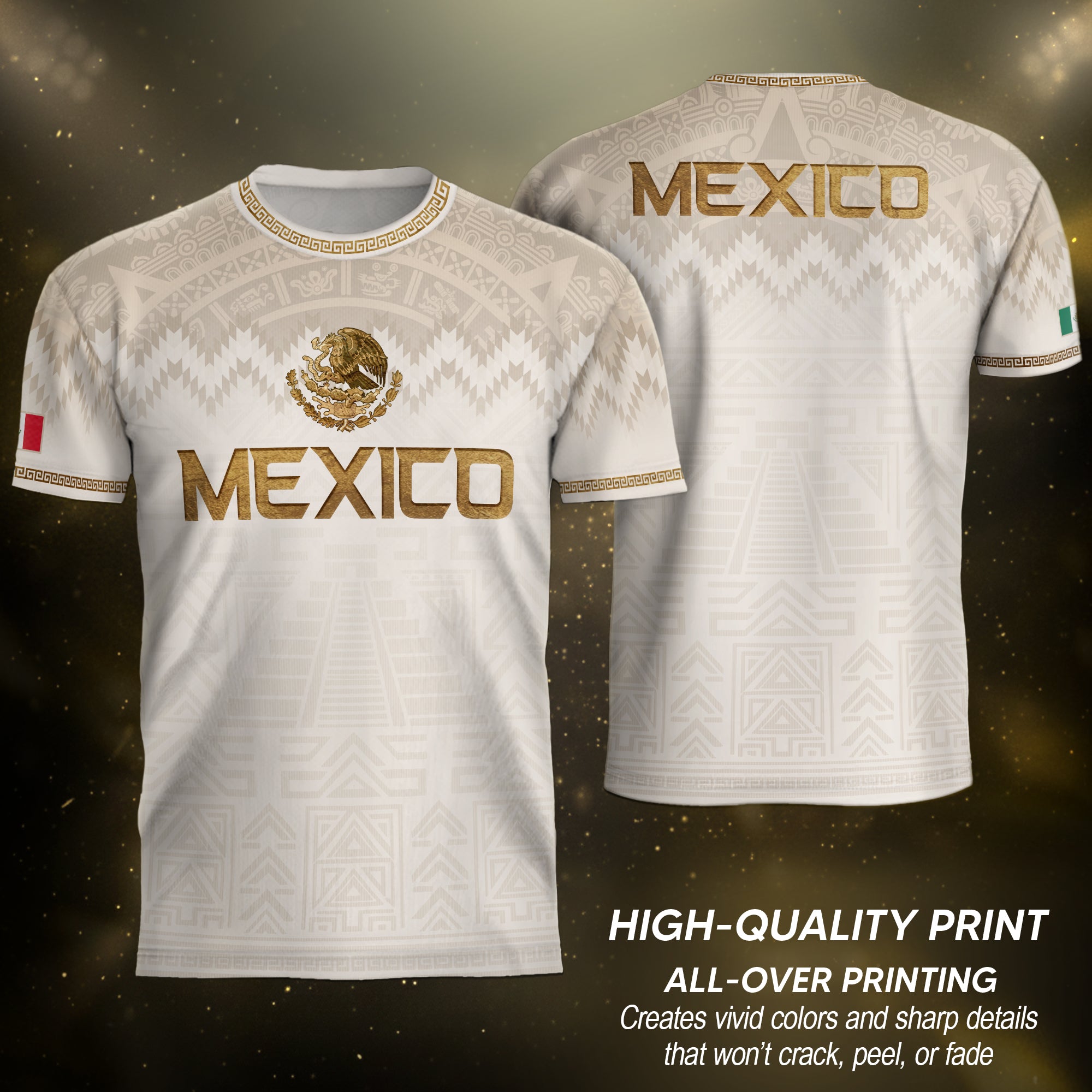 Hung Test Mexico Heritage Orgullo Mexicano Beige Gold Aztec Pyramid Sun Stone Soccer Jersey