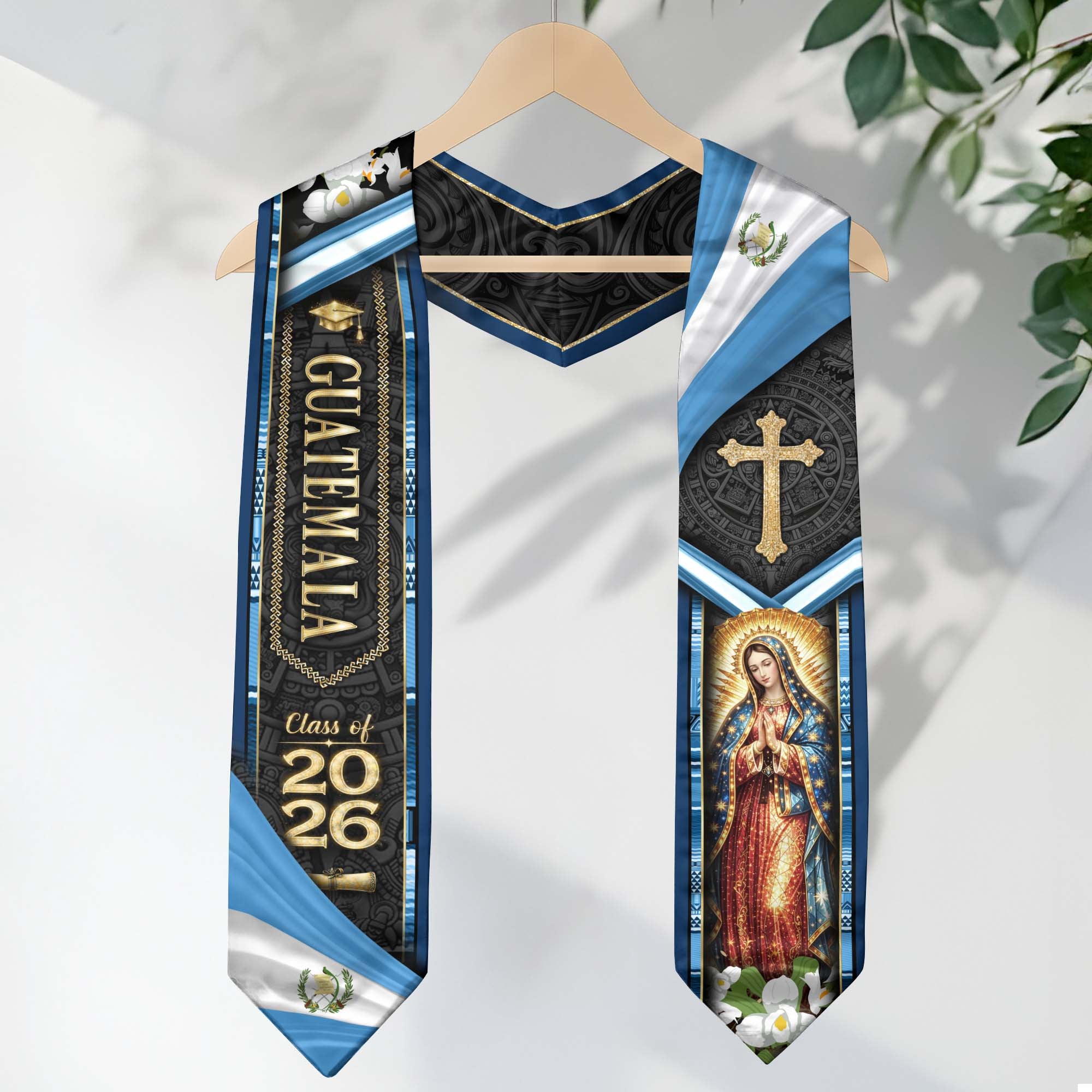 Guatemala Graduation Stole 2026 Virgin Mary Cross Quetzal Bird Blue Gold Graduation Sash Design