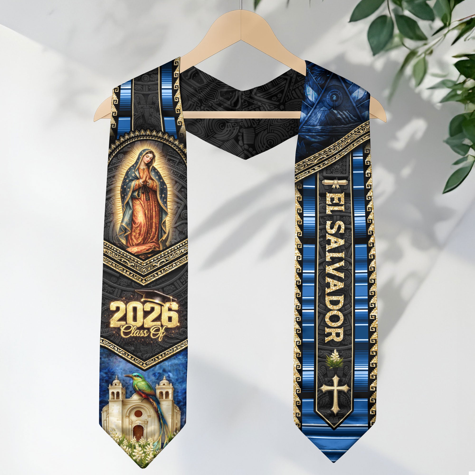 El Salvador Graduation Stole 2026 - Virgin Mary & Torogoz Bird Heritage Sash