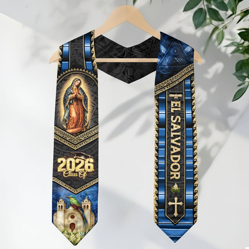 El Salvador Graduation Stole 2026 - Virgin Mary & Torogoz Bird Heritage Sash