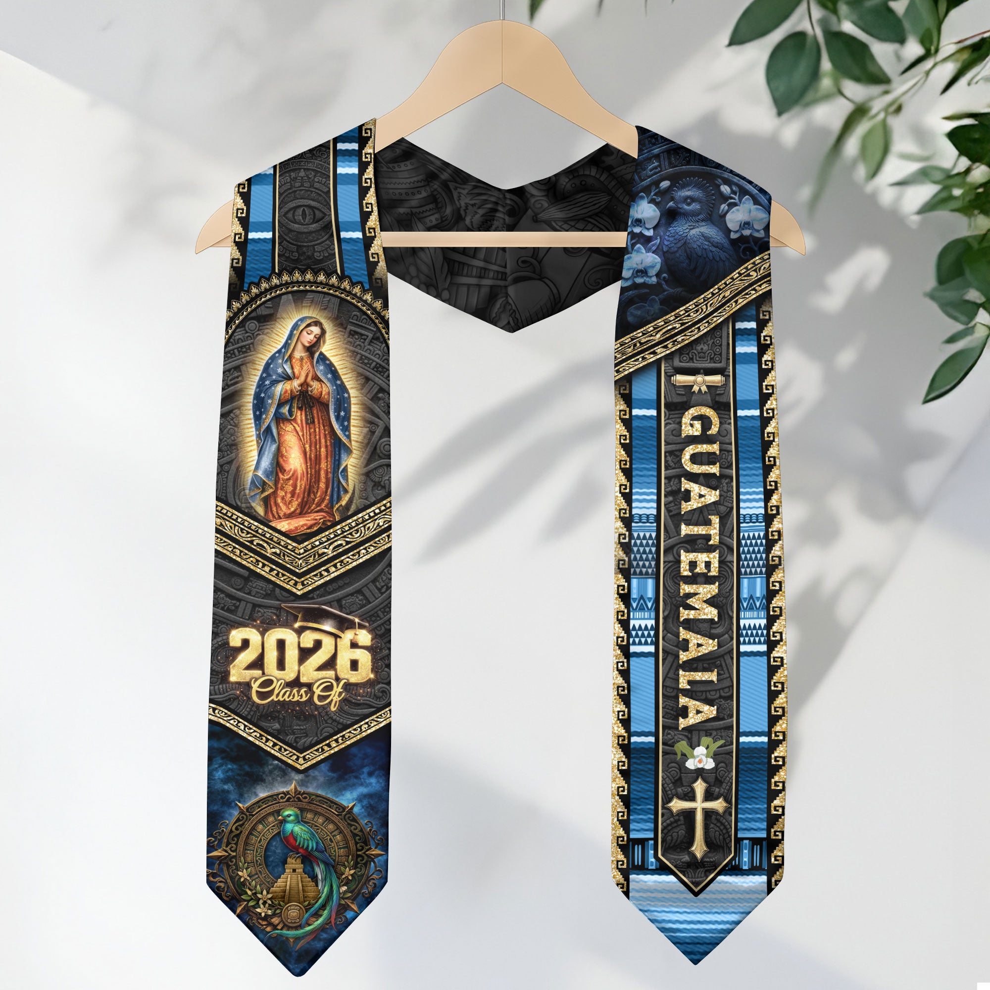 Guatemala Graduation Stole 2026 Catholic Virgin Mary Graduation Sash Blue Gold Cultural Design