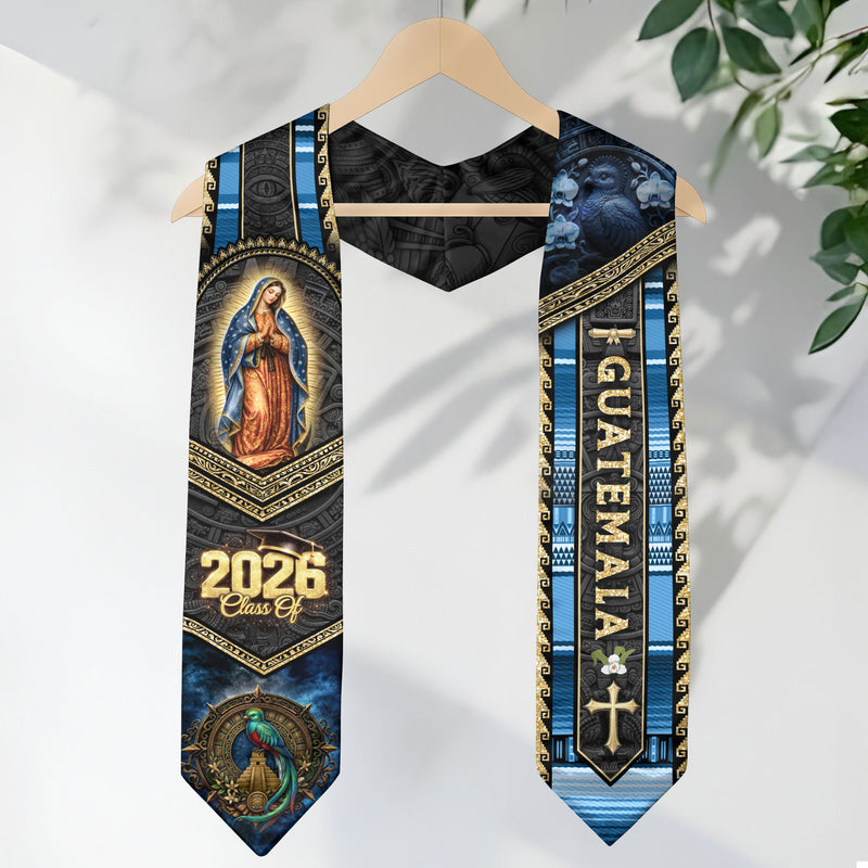 Guatemala Graduation Stole 2026 Catholic Virgin Mary Graduation Sash Blue Gold Cultural Design