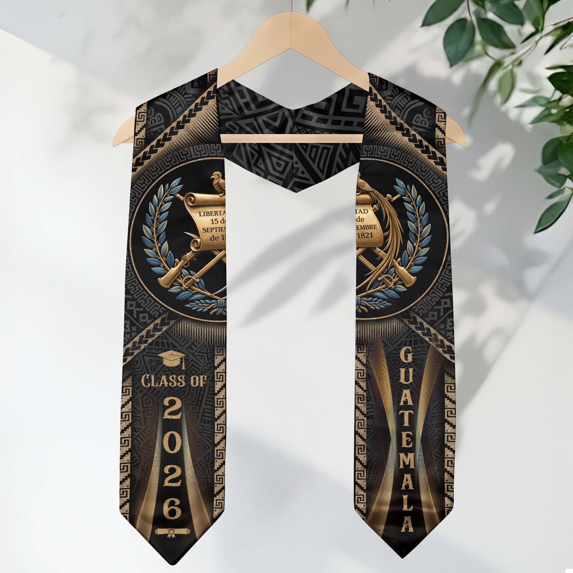 Guatemala Graduation Stole 2026 National Emblem Quetzal Laurel Gold Graduation Sash Design