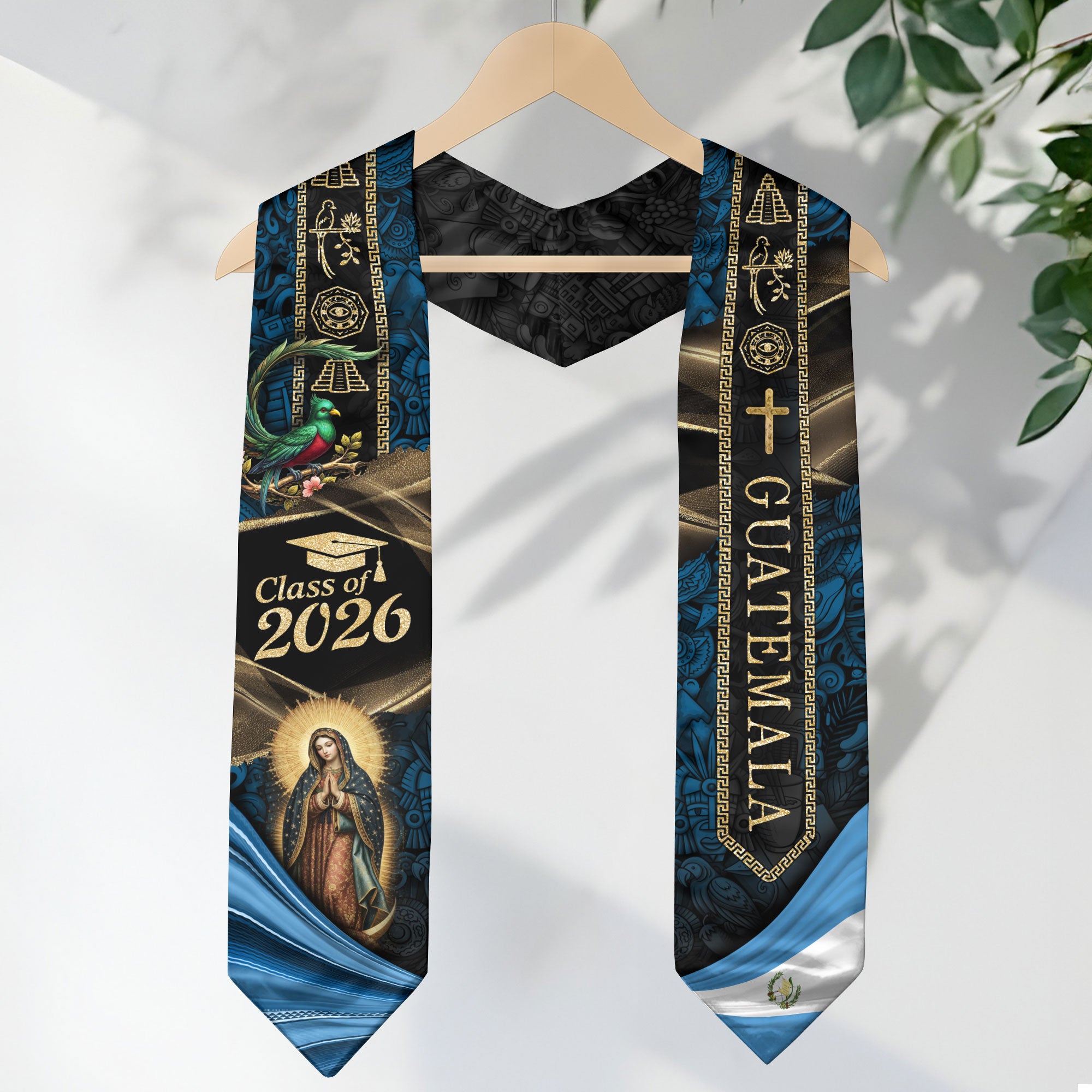 Guatemala Graduation Stole 2026 Virgin Mary Cross Quetzal Mayan Cultural Blue Gold Design