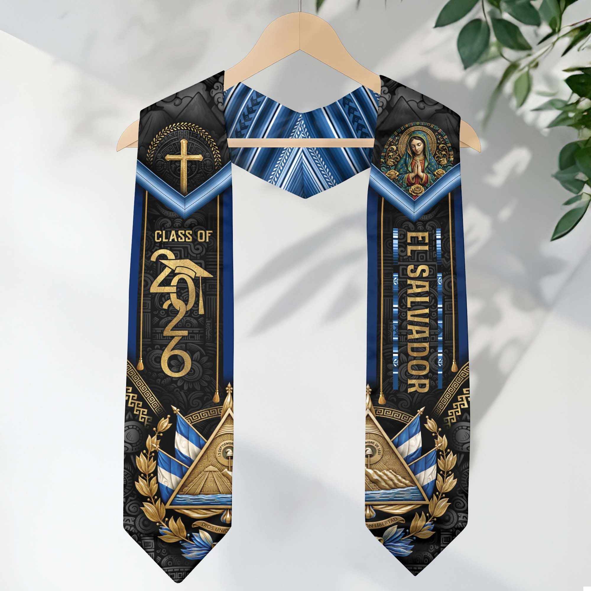 El Salvador Graduation Stole 2026 - Virgin Mary & Cross Heritage Sash Class of 2026