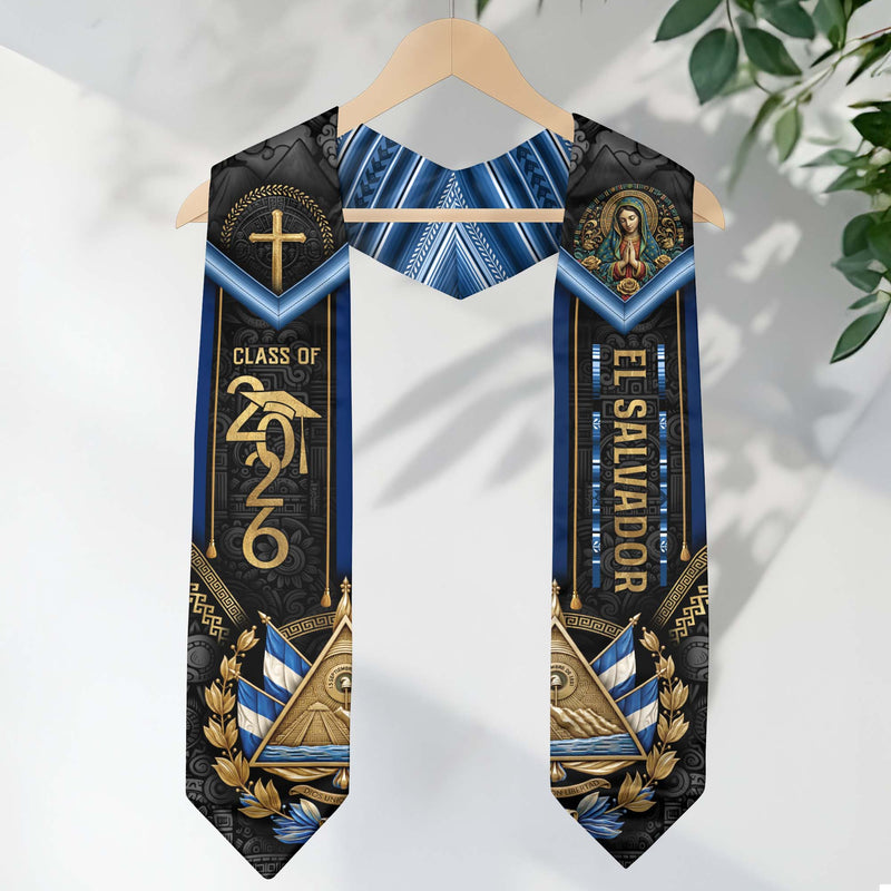 El Salvador Graduation Stole 2026 - Virgin Mary & Cross Heritage Sash Class of 2026