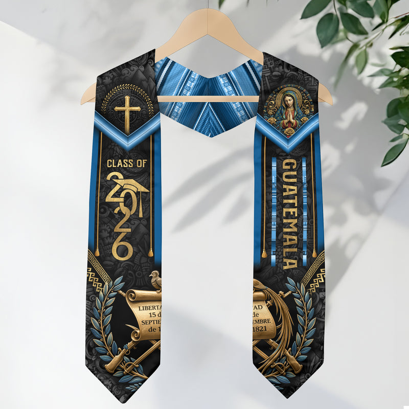 Guatemala Graduation Stole 2026 National Emblem Virgin Mary Cross Blue Academic Design