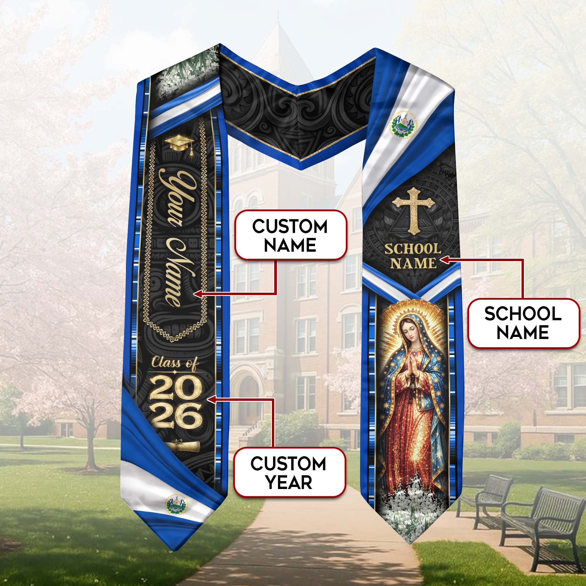 Personalized El Salvador Graduation Sash 2026 - Virgin Mary Heritage Stole