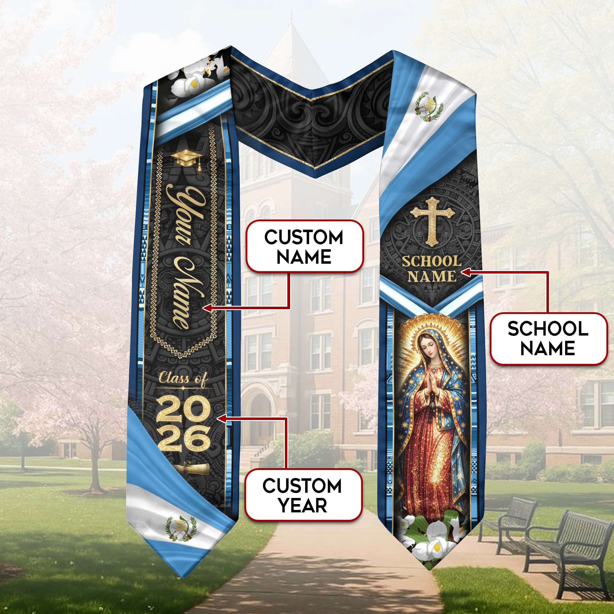 Guatemala Graduation Stole Custom 2026 Guadalupe Cross Flag Blue Sash Gift