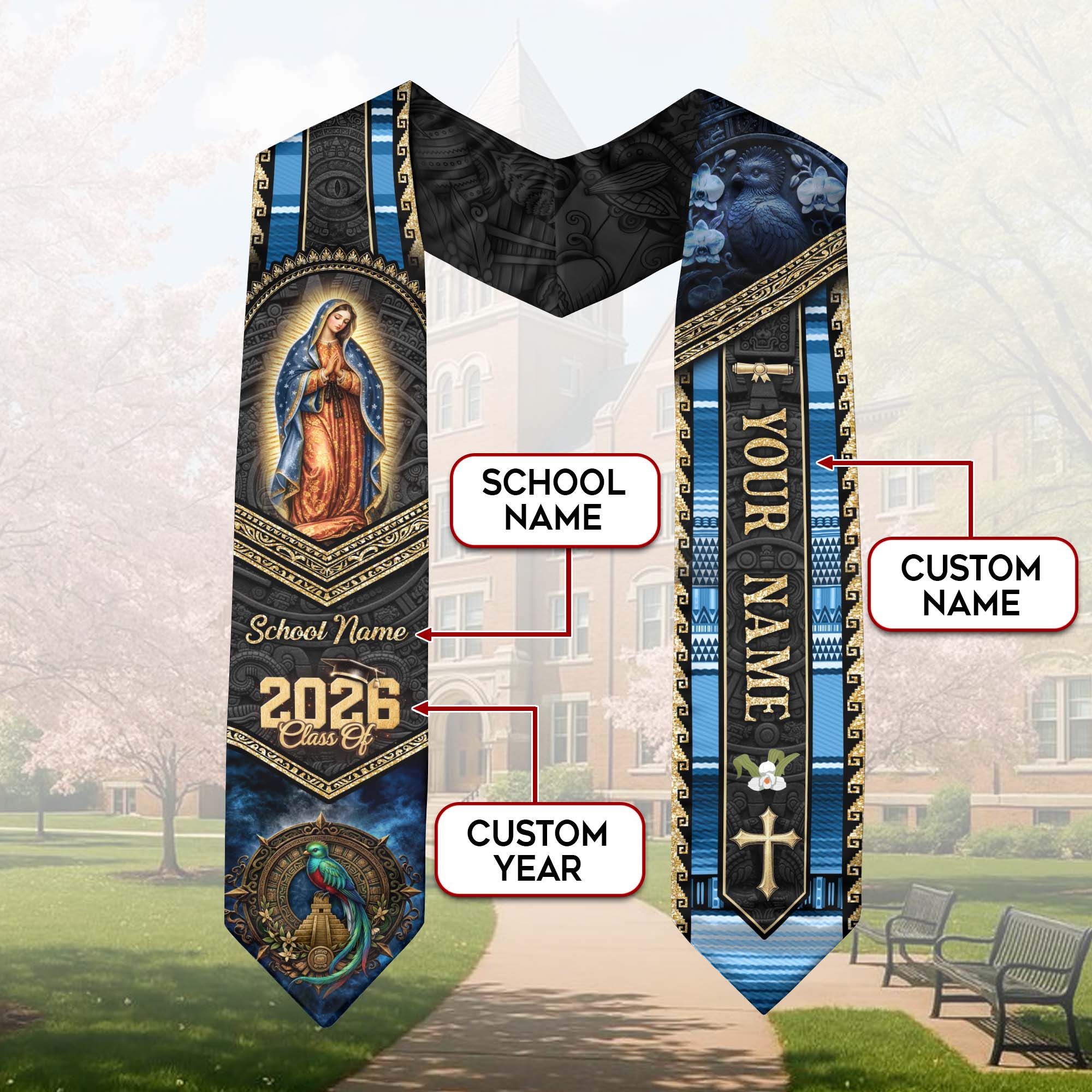 Guatemala Class of 2026 Graduation Stole Custom Name Guadalupe Cross Sash