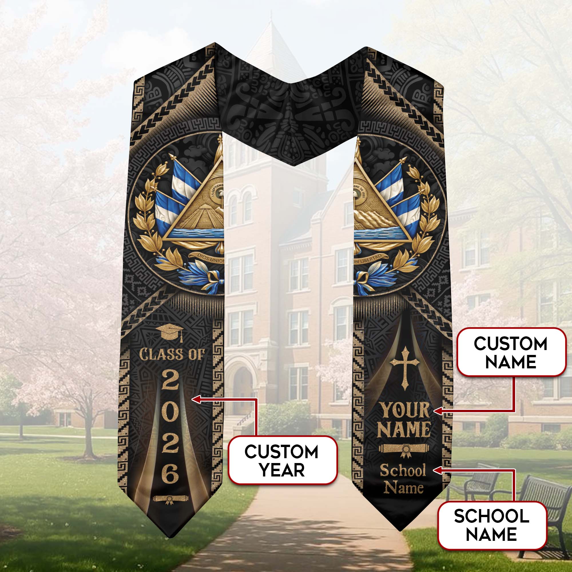 El Salvador Graduation Stole Class of 2026 - Personalized Coat of Arms Heritage Sash