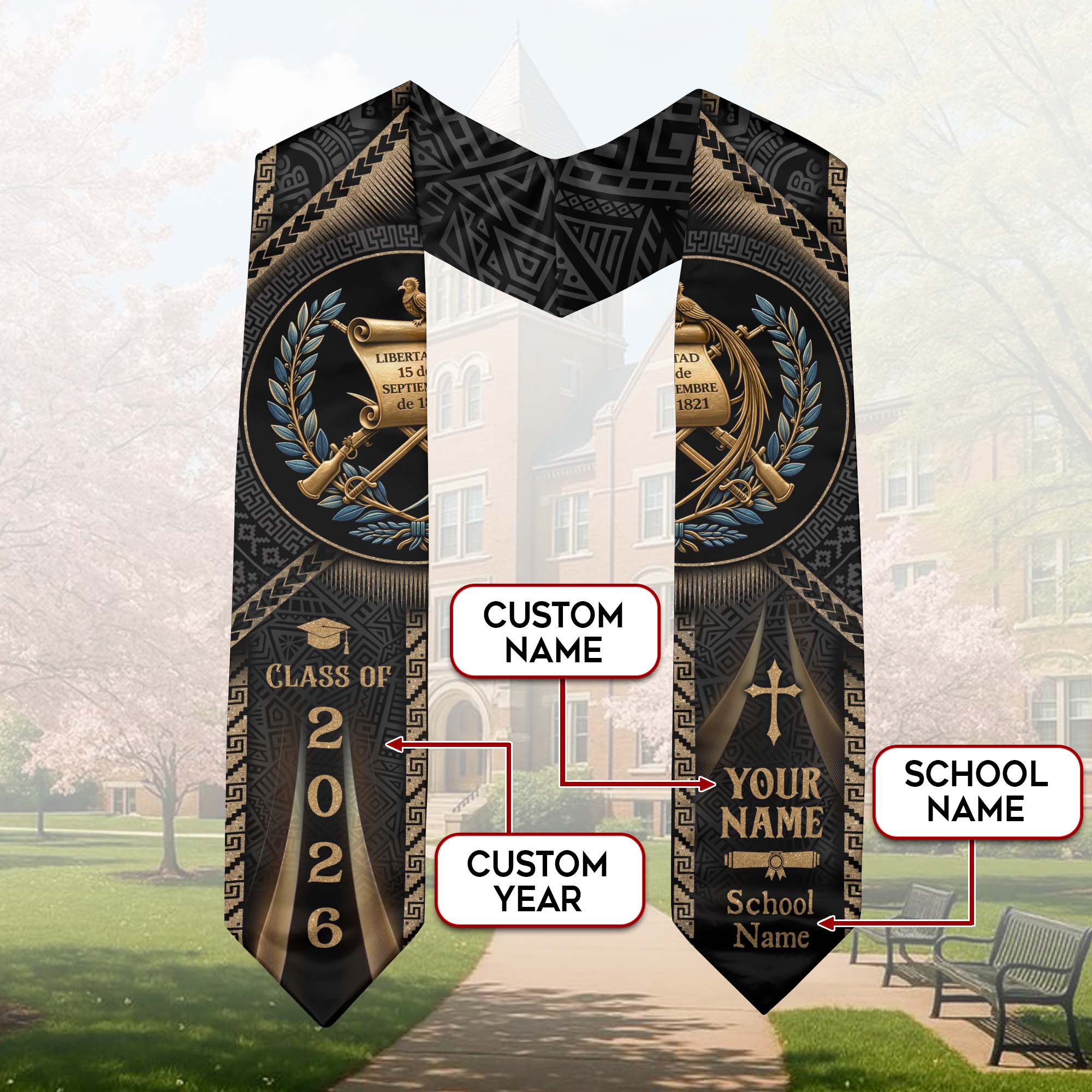 Personalized Guatemala Graduation Stole - Custom Name School Maya Heritage Quetzal Sash