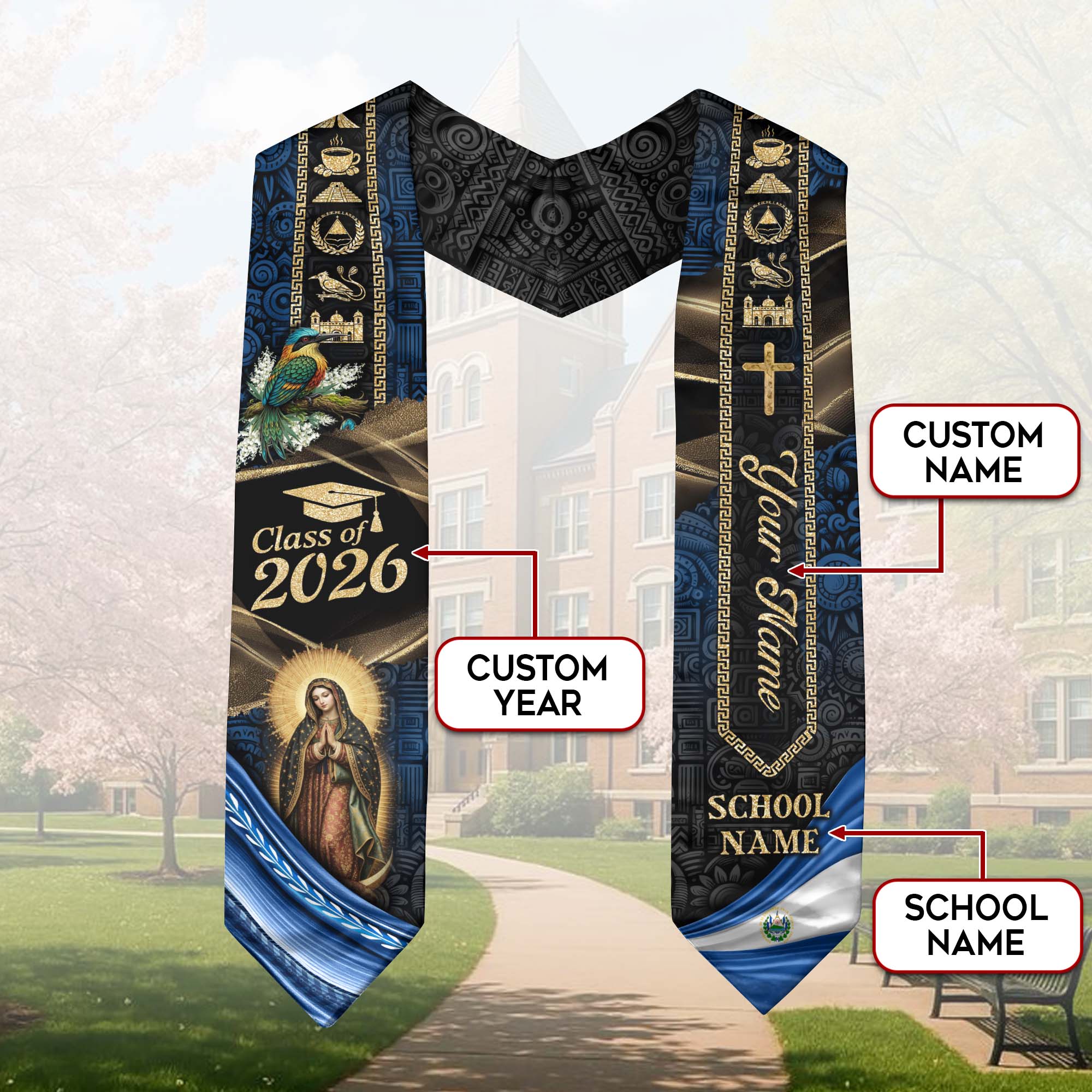 Custom Name El Salvador Graduation Stole Class of 2026 - Torogoz Heritage Sash