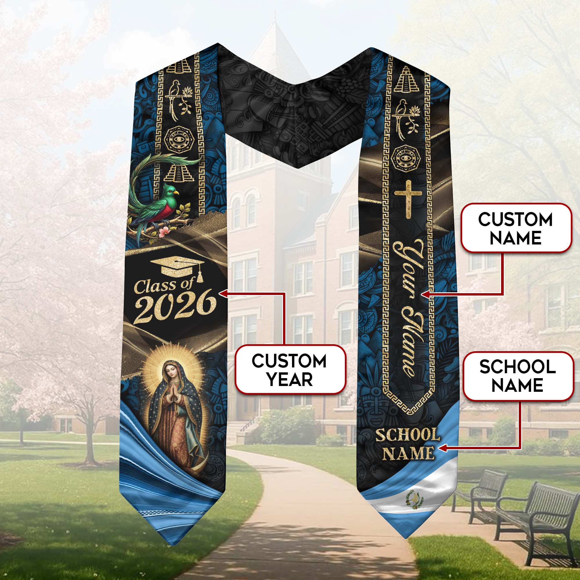 Custom Guatemala Graduation Stole 2026 - Personalized Name School Quetzal Maya Sash