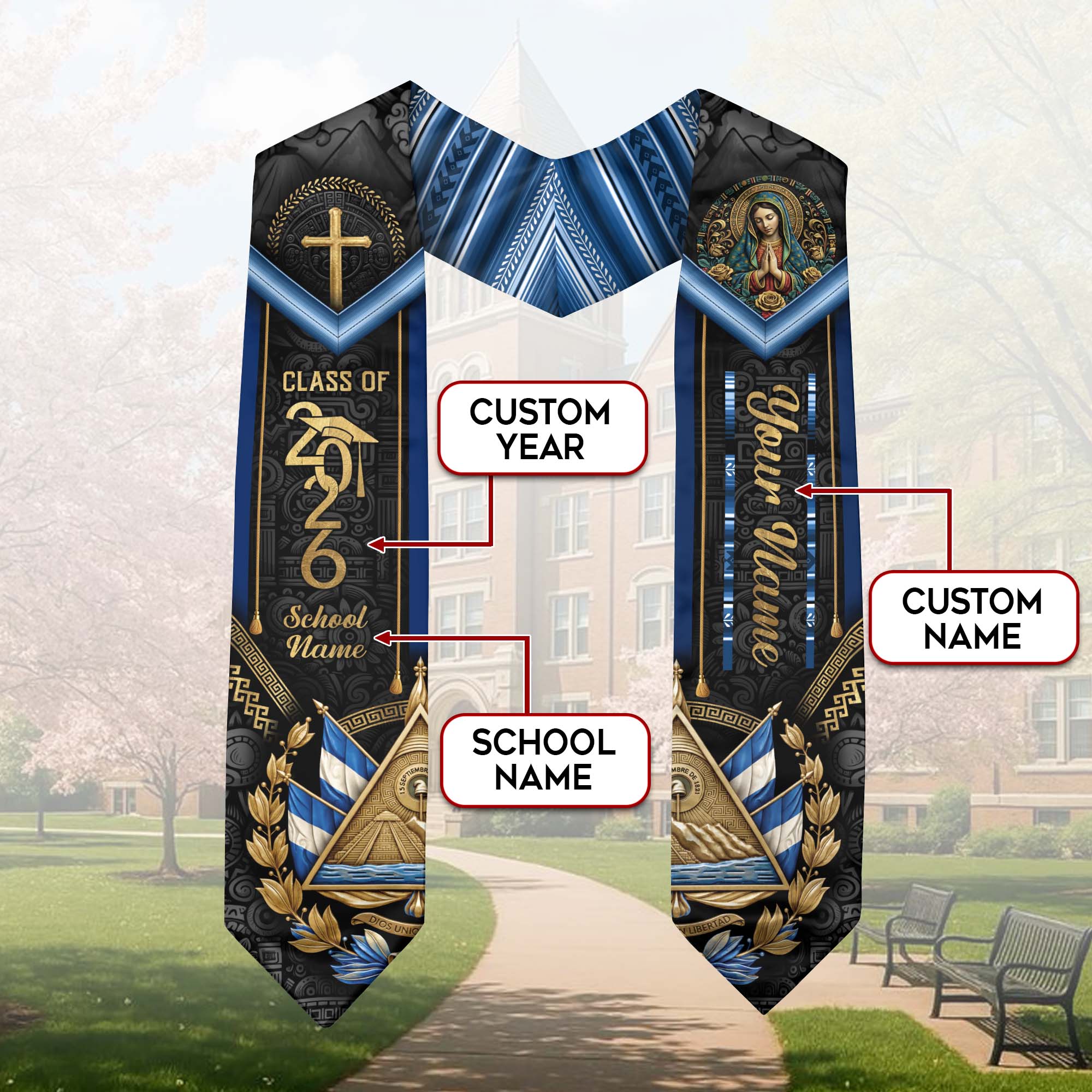 El Salvador Graduation Stole 2026 - Personalized Name Gold Cross Heritage Sash
