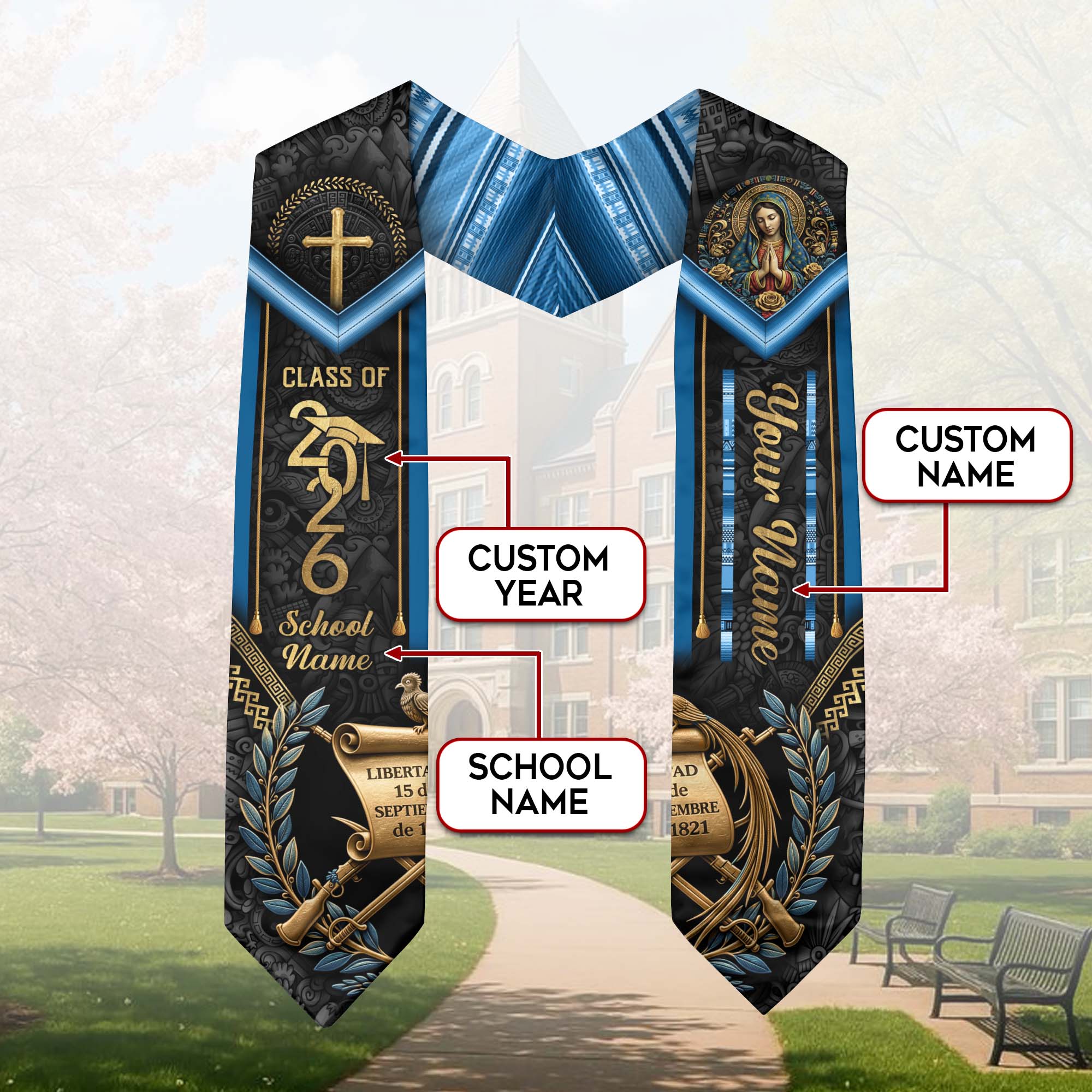 Custom Guatemala Stole 2026 - Personalized Name School Virgin Mary & Quetzal Sash