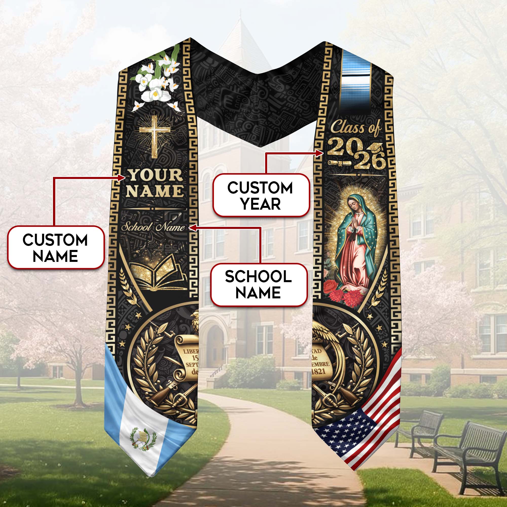Guatemala Graduation Stole 2026 Custom Name School Name USA Guatemala Flag Virgin Mary Cross Academic Design