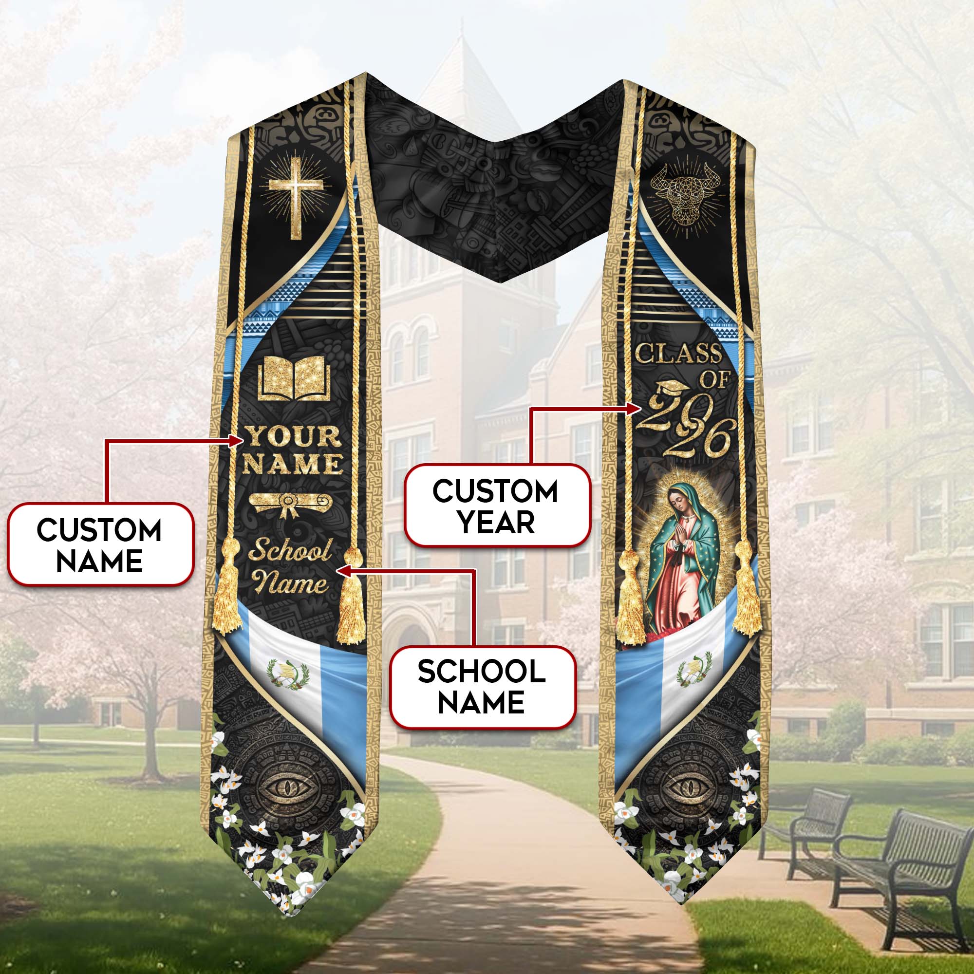 Customized Guatemala Graduation Stole Class of 2026 Name School Year Virgin Mary Cross Cultural Design