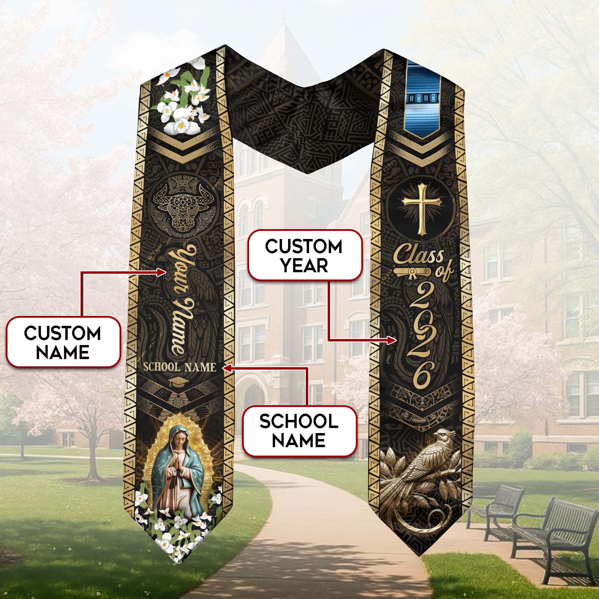 Customized Guatemala Graduation Stole Class of 2026 Name School Virgin Mary Cross Quetzal Cultural Design