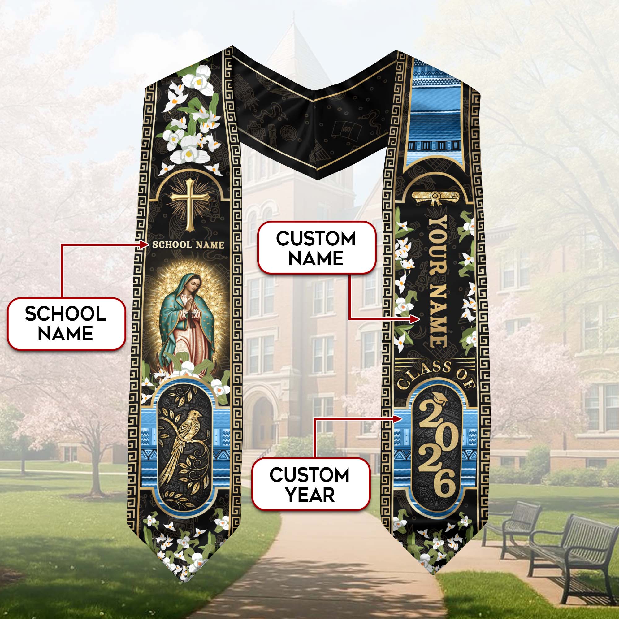 Customized Guatemala Graduation Stole Class of 2026 Personalized Name School Virgin Mary Cross Elegant Floral Style