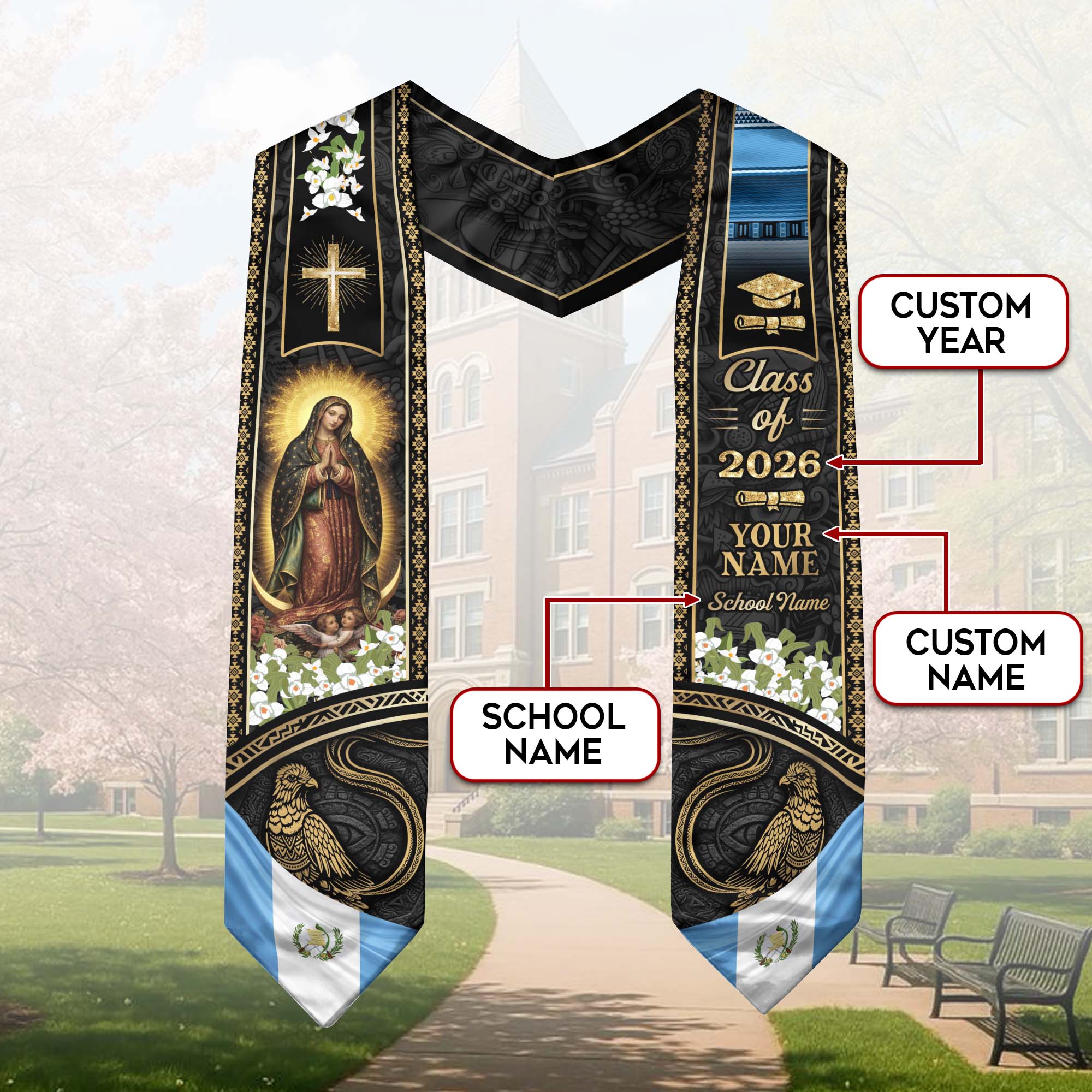 Customized Guatemala Graduation Stole Class of 2026 Name School Catholic Virgin Mary Quetzal Heritage Design