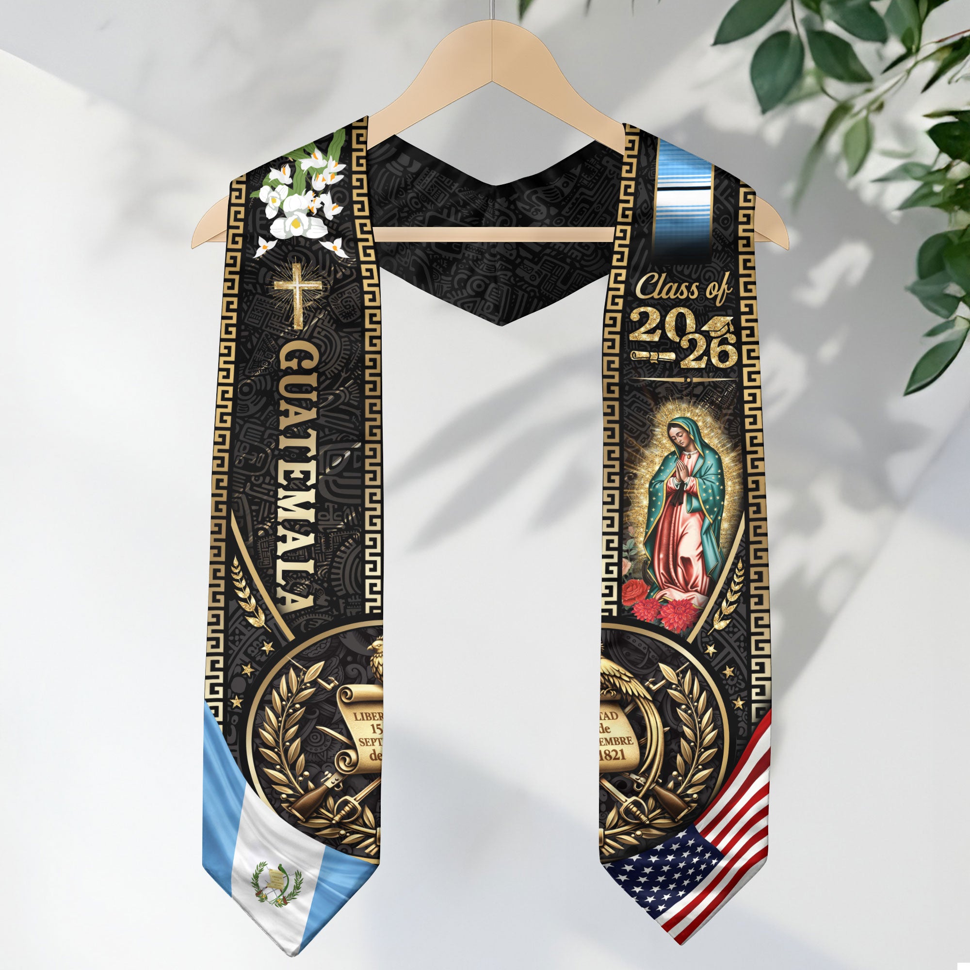 Guatemala Graduation Stole 2026, USA Guatemala Flag Graduation Sash, Catholic Virgin Mary Classic Academic Design