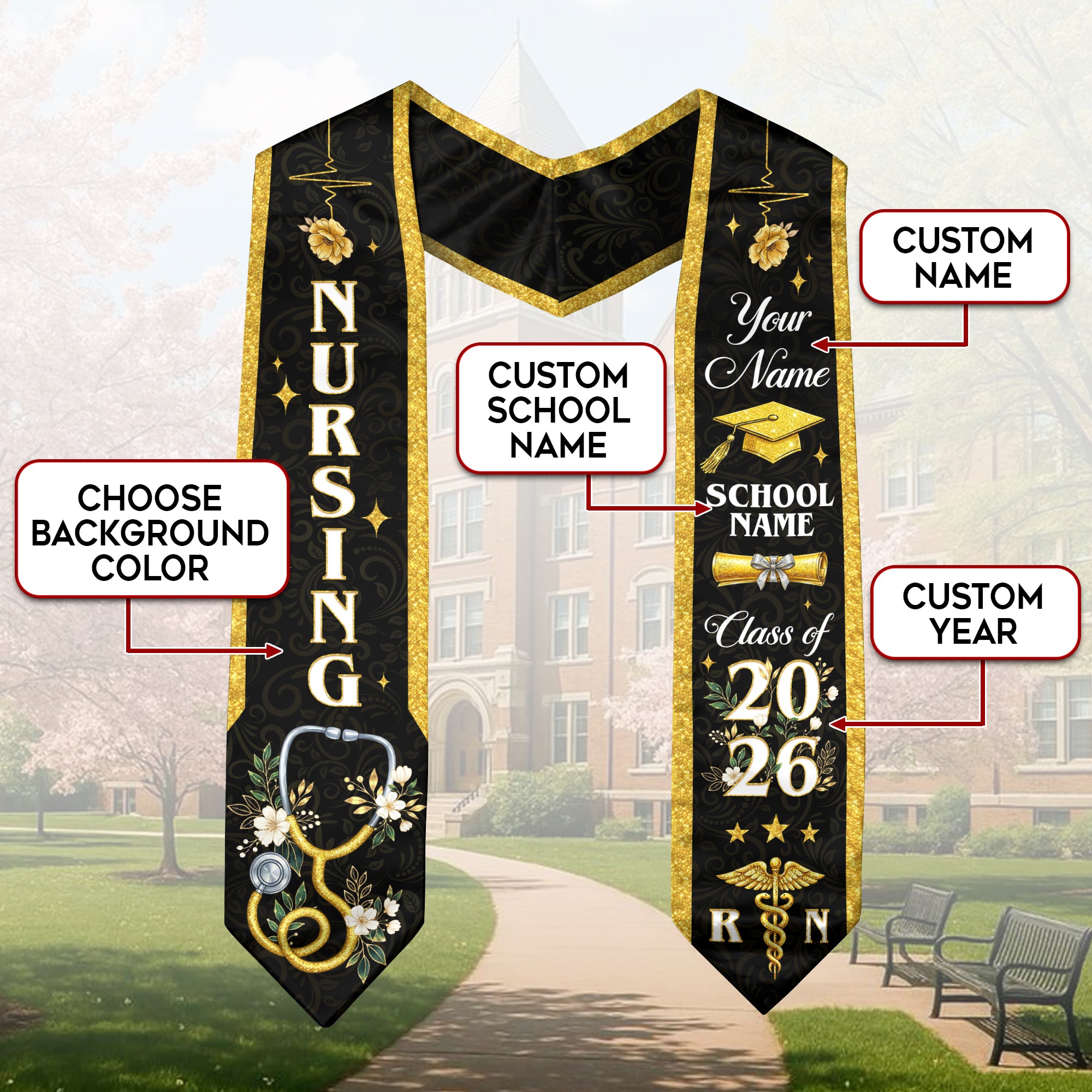 RN Nursing Graduation Stole, Class of 2026, Custom Name School, Stethoscope Pattern, Sash Gift