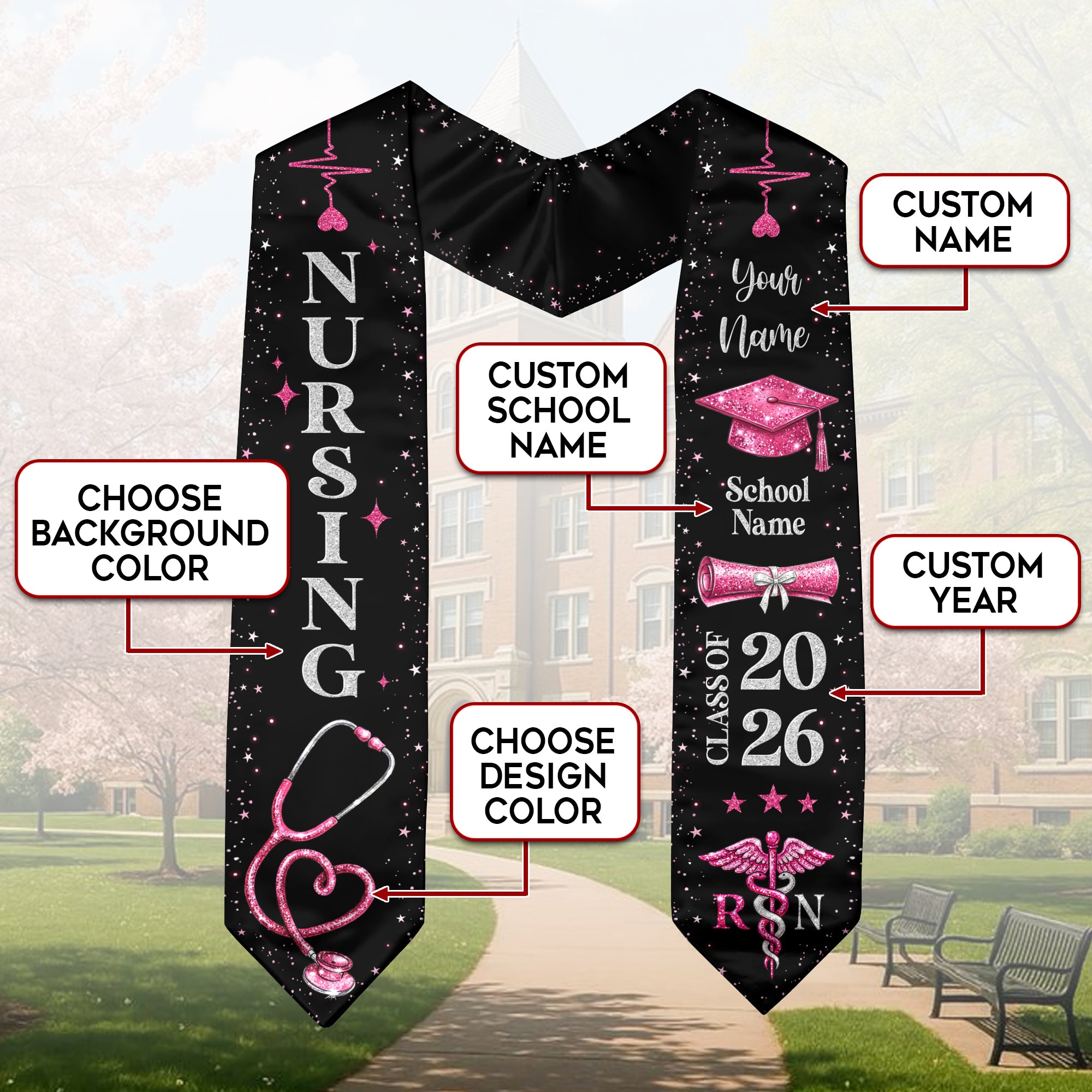 RN Nursing Graduation Stole, Class of 2026, Personalized Name and School, Heartbeat Design, Graduation Sash Gift