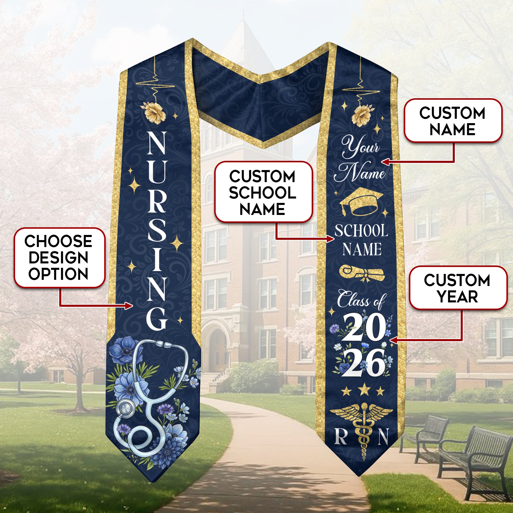 RN Graduation Stole Nursing Class of 2026, Custom Name School, Floral Medical Theme, Personalized Sash Gift