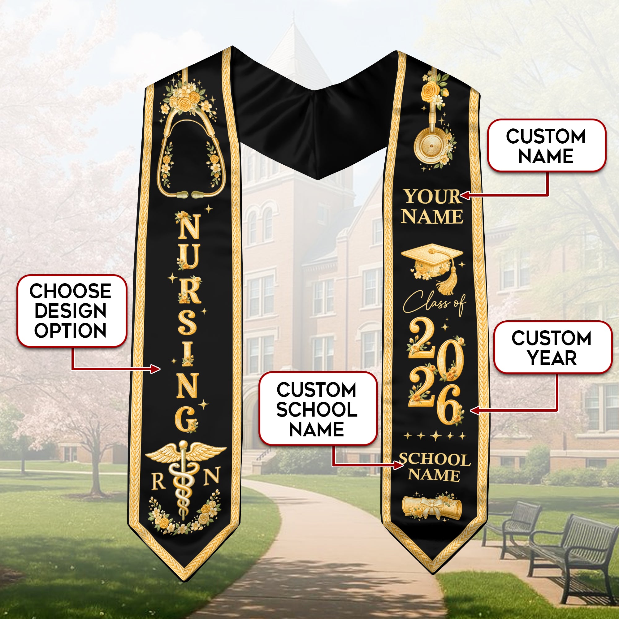 RN Nursing Stole Class of 2026, Personalized Graduation Sash, Custom Name School Detail, Elegant Medical Motif Gift