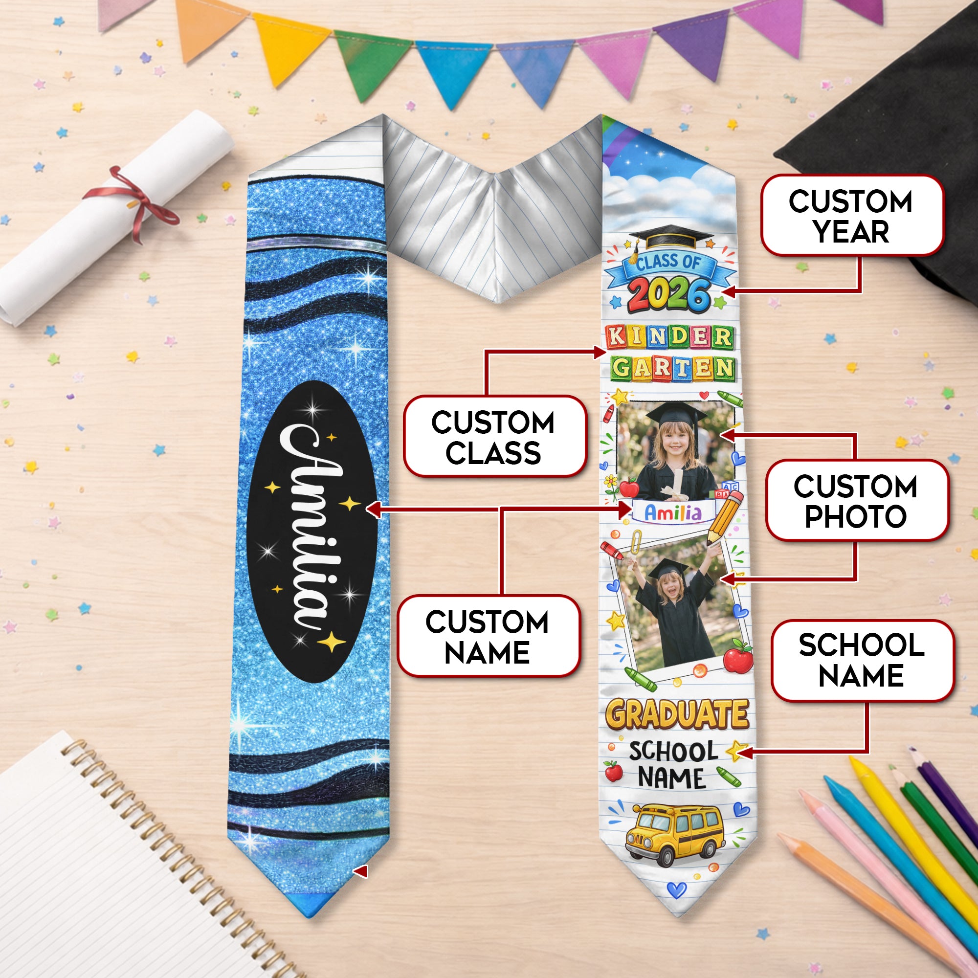 Custom Photo Graduation Stole for Kids - Personalized Class of 2026 Sash