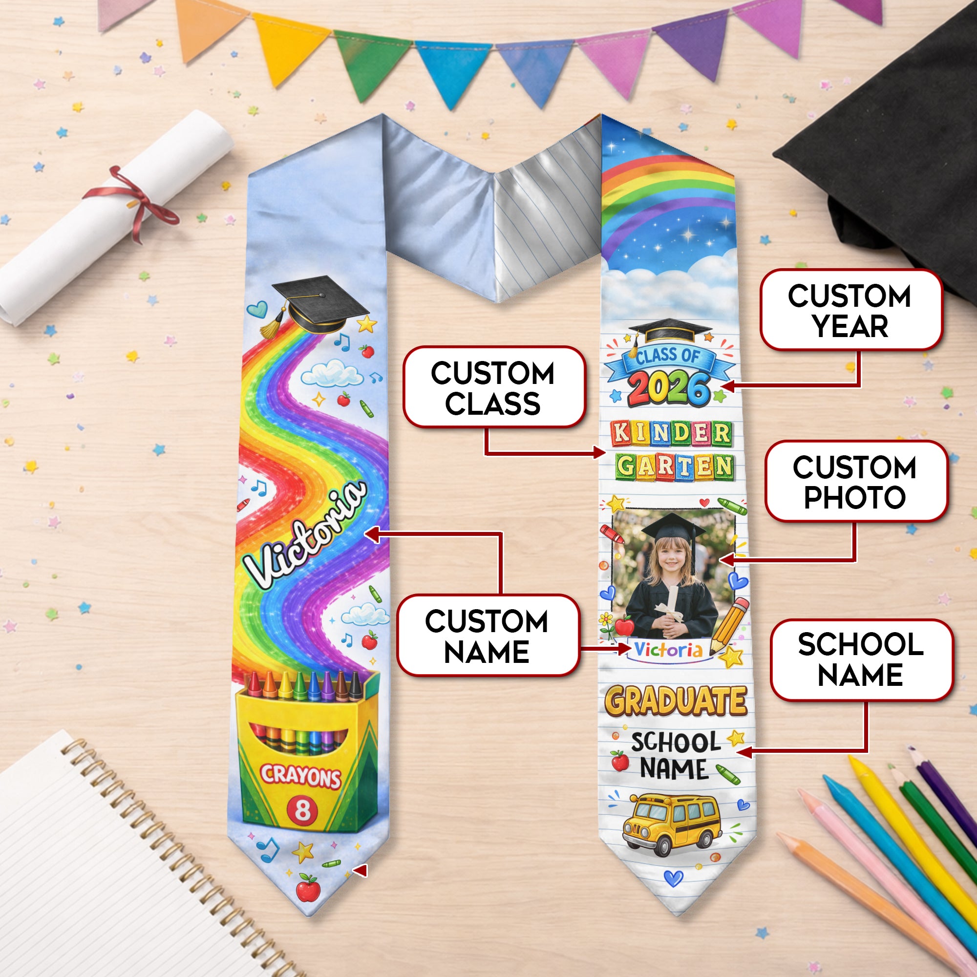 Personalized Graduation Stole for Kids - Custom Photo & School Name 2026 Rainbow Sash