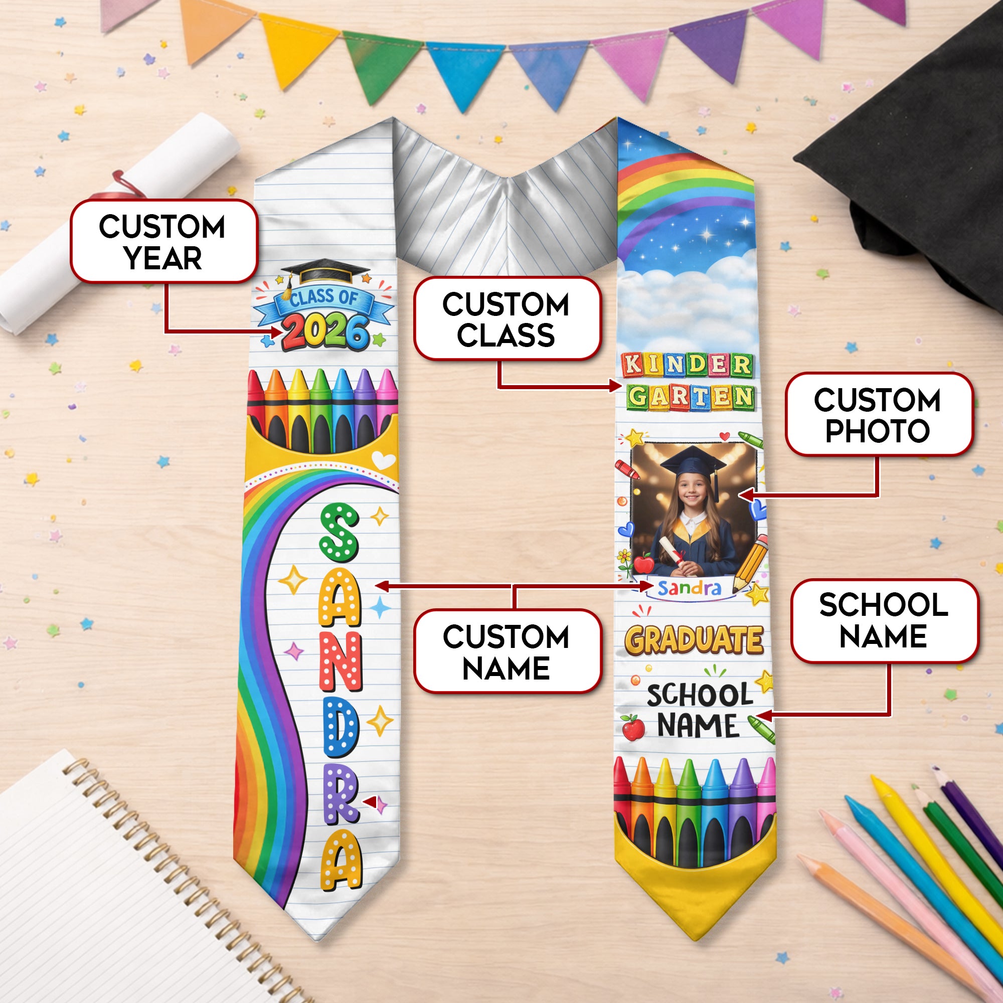 Custom Photo Graduation Stole Kids - Colorful Crayon Rainbow Sash 2026