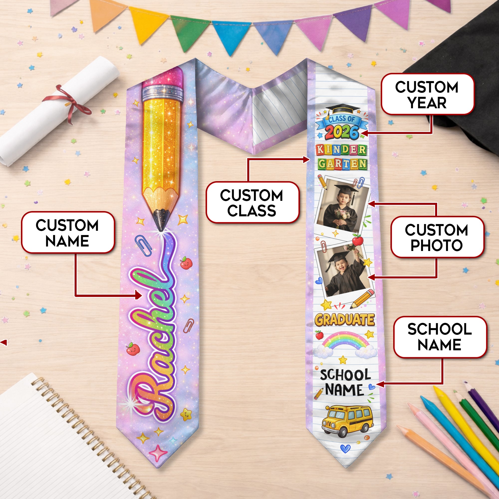 Personalized Kids Graduation Stole - Custom Photo & School Name Star 2026 Sash