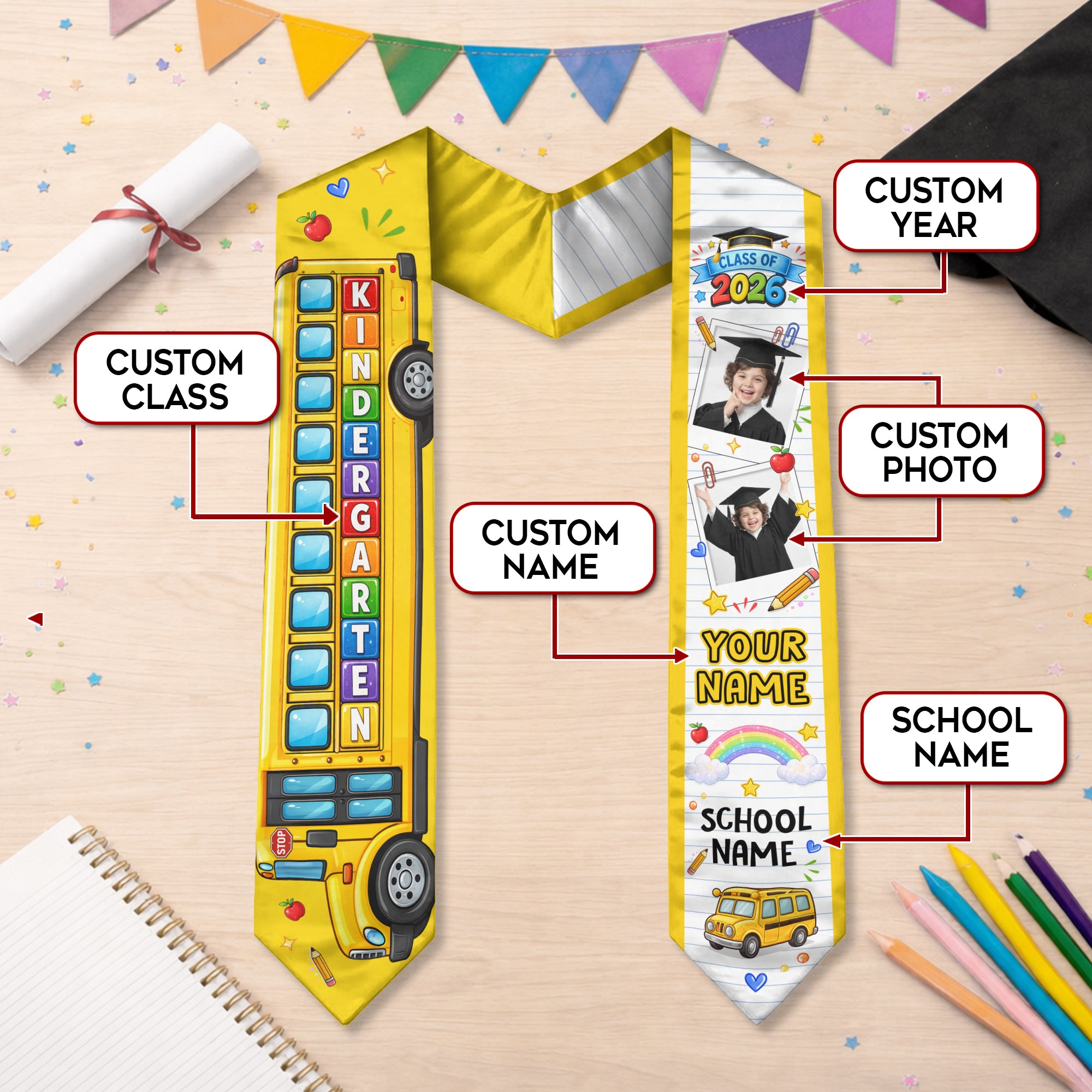 School Bus Kids Graduation Stole with Photo - Personalized Class of 2026 Sash