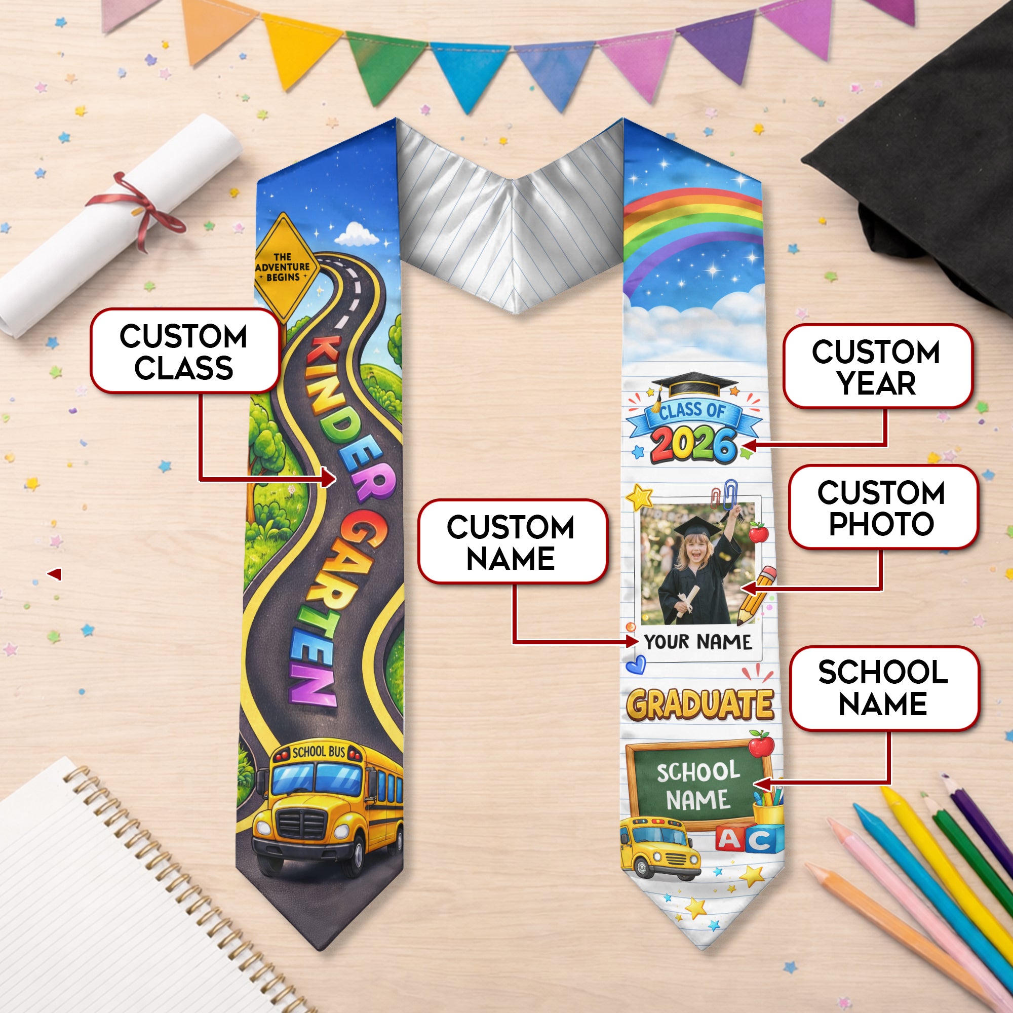 School Bus & Road Graduation Stole Kids - Personalized Photo Class of 2026
