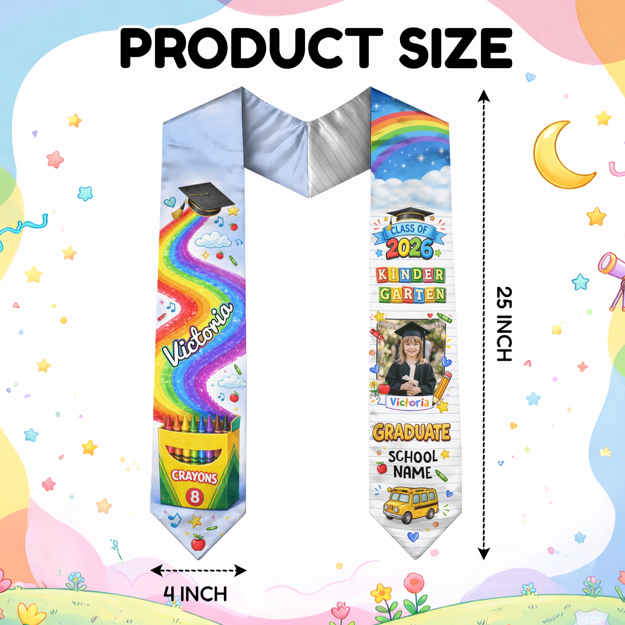 Personalized Graduation Stole for Kids - Custom Photo & School Name 2026 Rainbow Sash